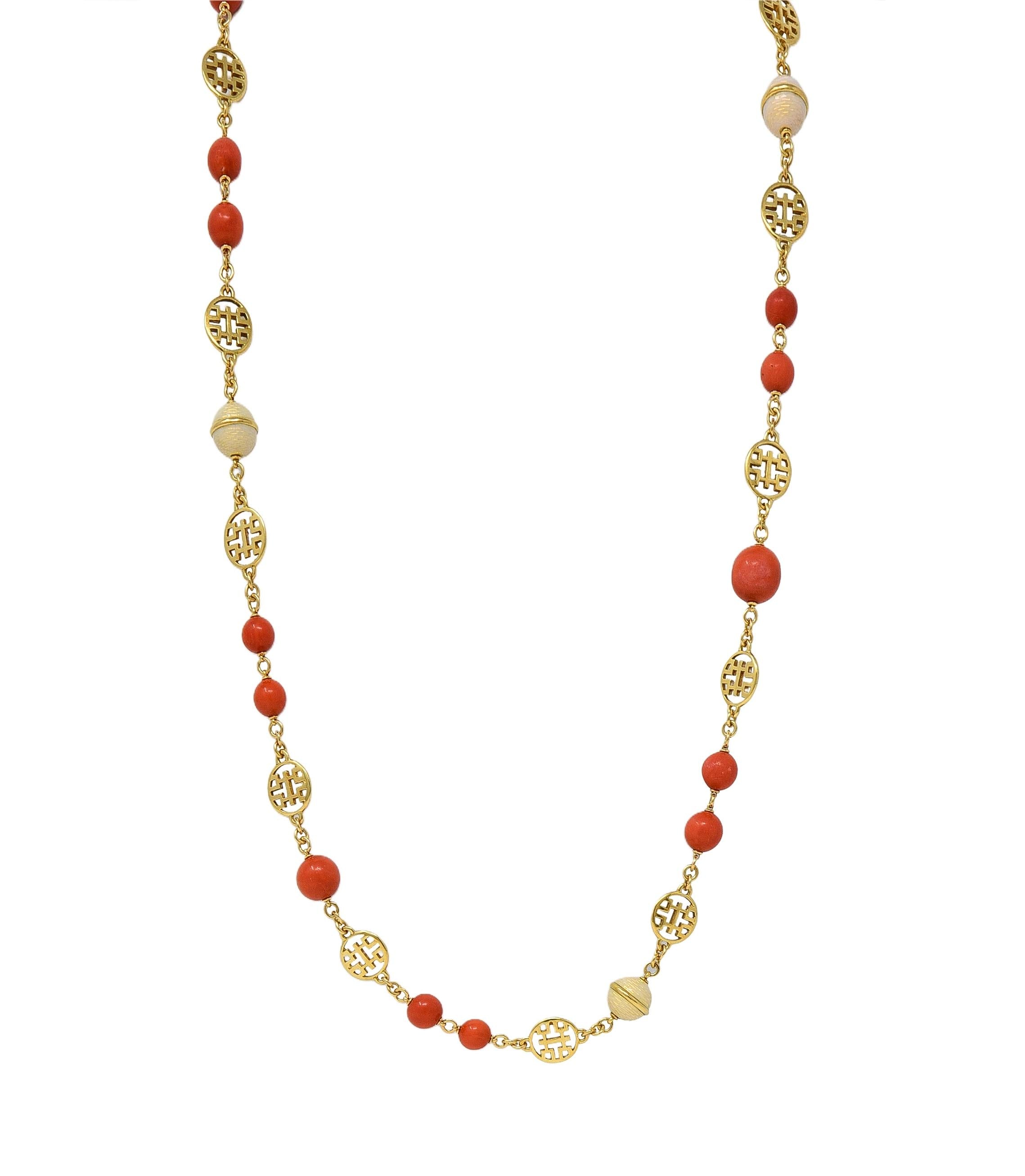 1960's Coral Enamel 18 Karat Yellow Gold Vintage Beaded Station Necklace