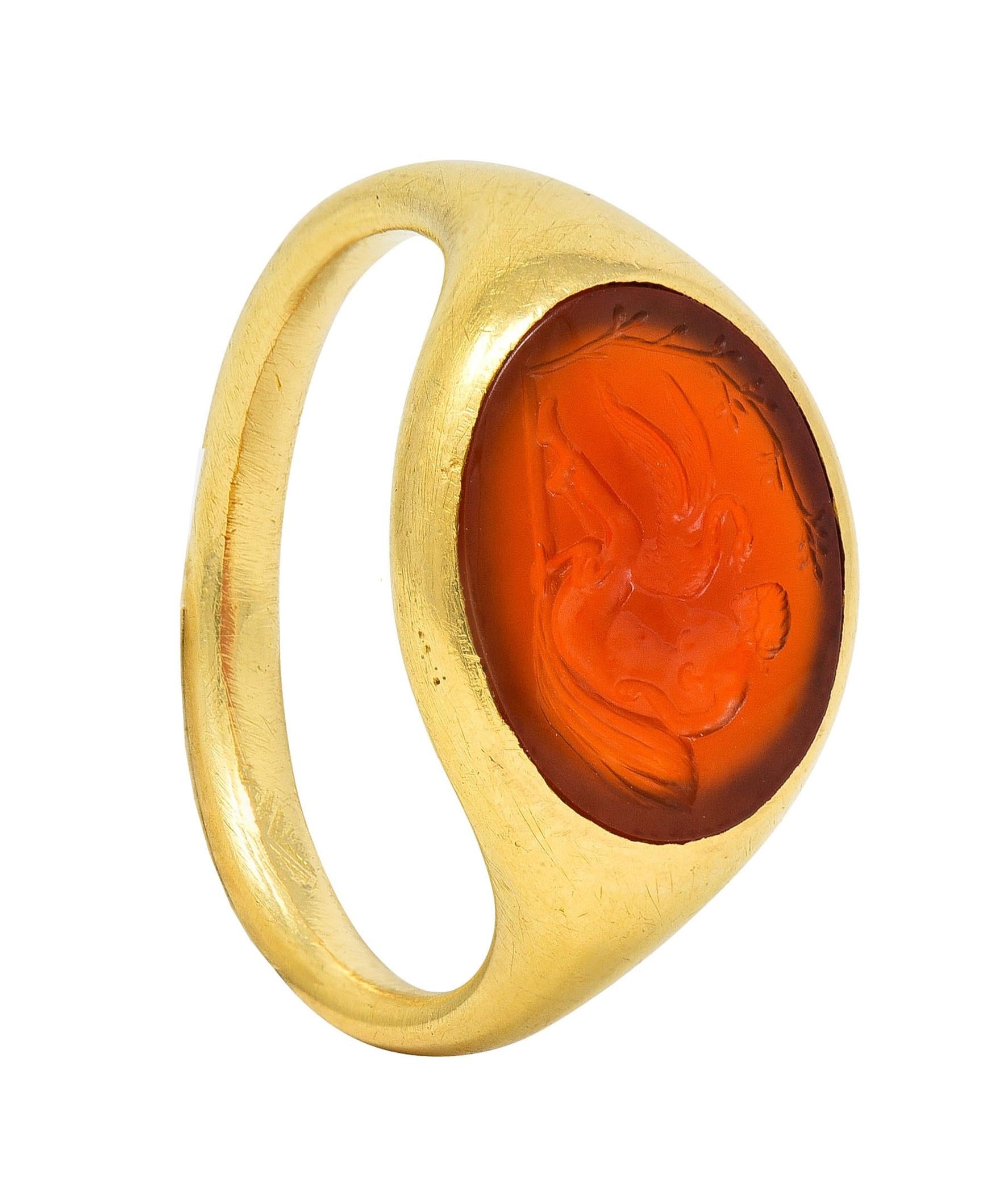 Victorian French Carnelian 18 Karat Yellow Gold Leda & Swan Intaglio Signet Ring