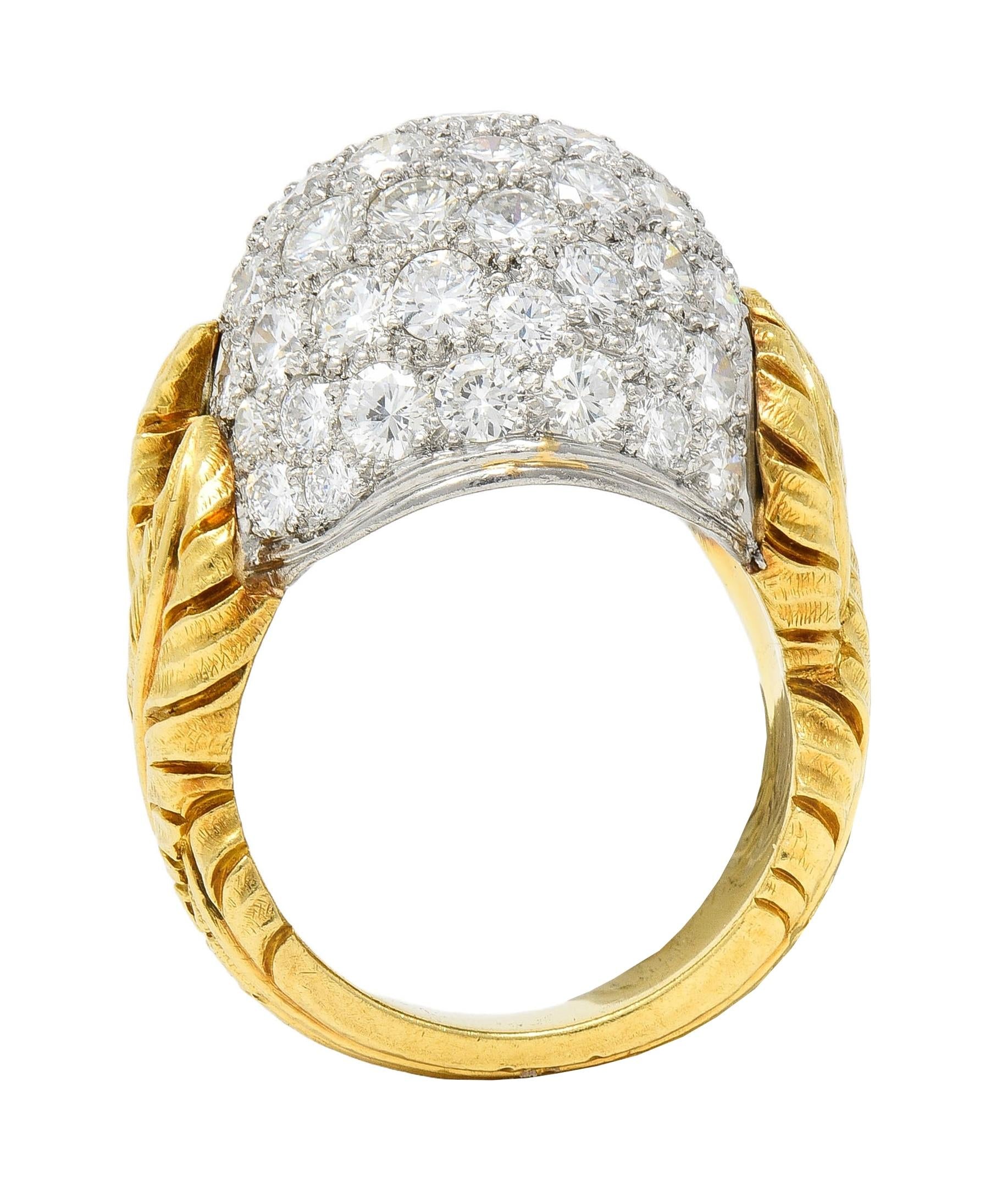 Mid-Century 4.80 CTW Diamond Platinum 18K Yellow Gold Vintage Dome Feather Ring