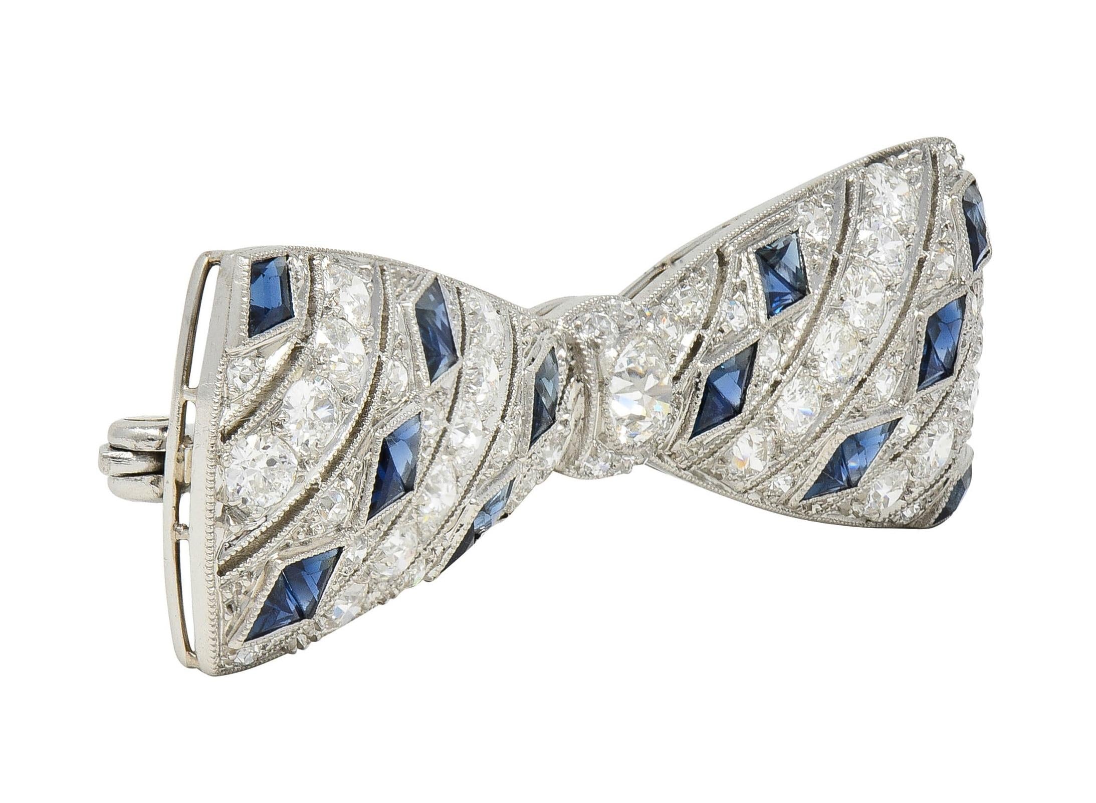 Art Deco 4.00 CTW Diamond Sapphire Platinum Vintage Unisex Bow Brooch