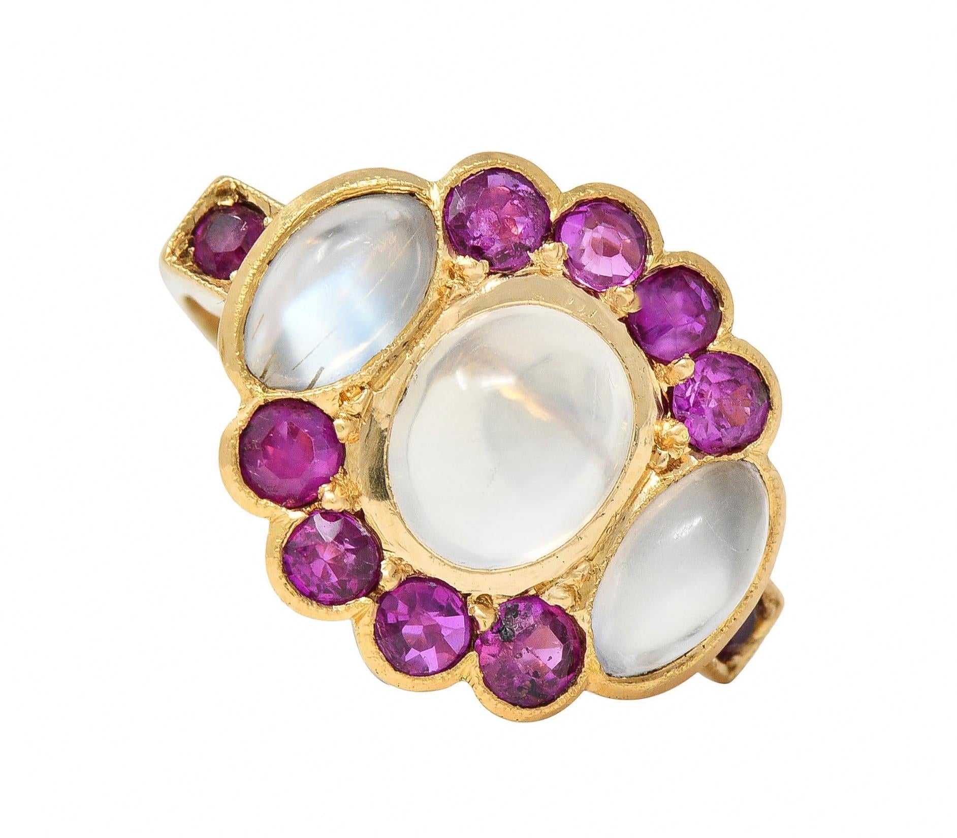 Retro 1.04 CTW Ruby Moonstone 18 Karat Yellow Gold Vintage Cluster Ring