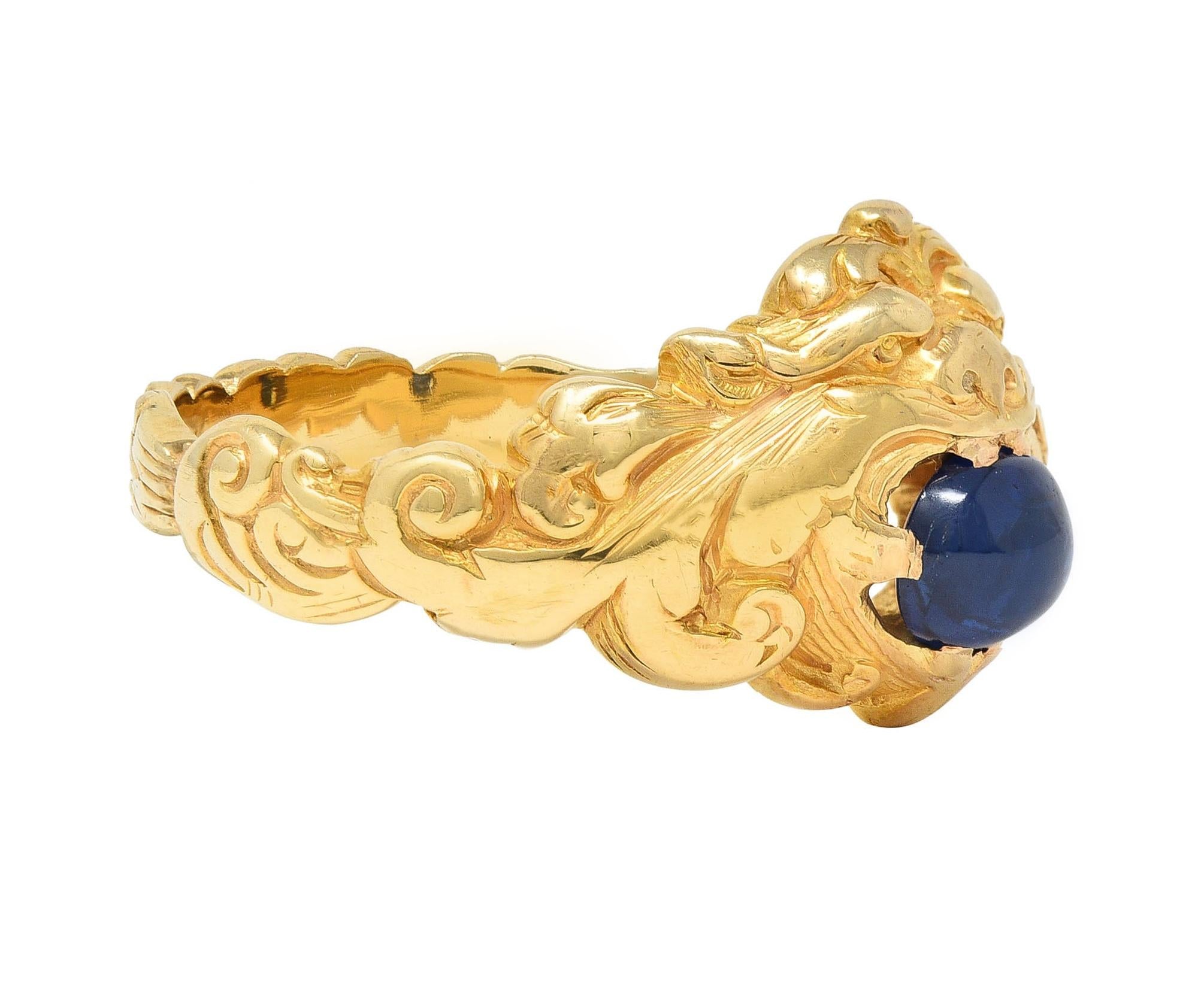 Victorian Sapphire 14 Karat Yellow Gold God Of Wind Unisex Antique Ring