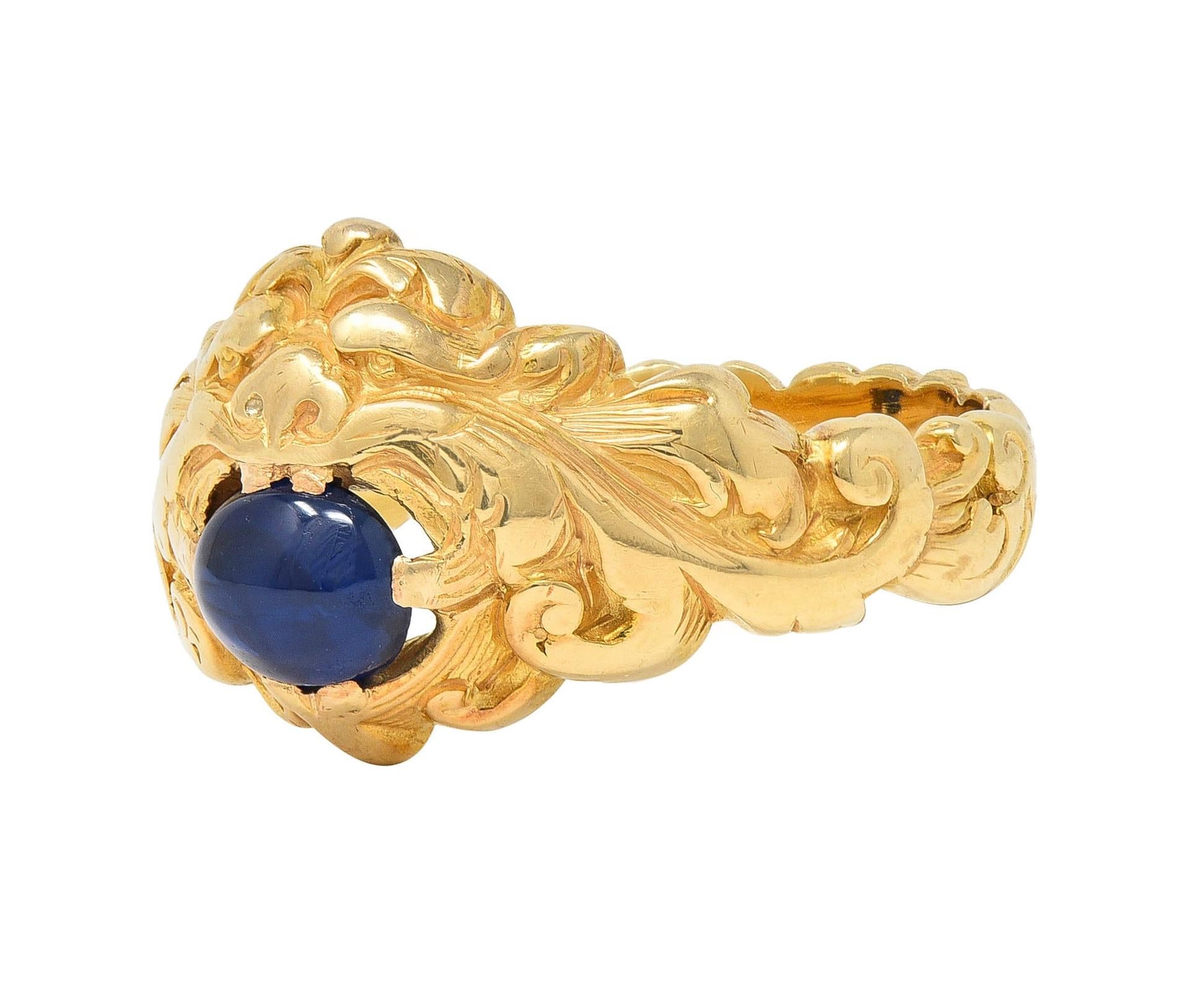 Victorian Sapphire 14 Karat Yellow Gold God Of Wind Unisex Antique Ring