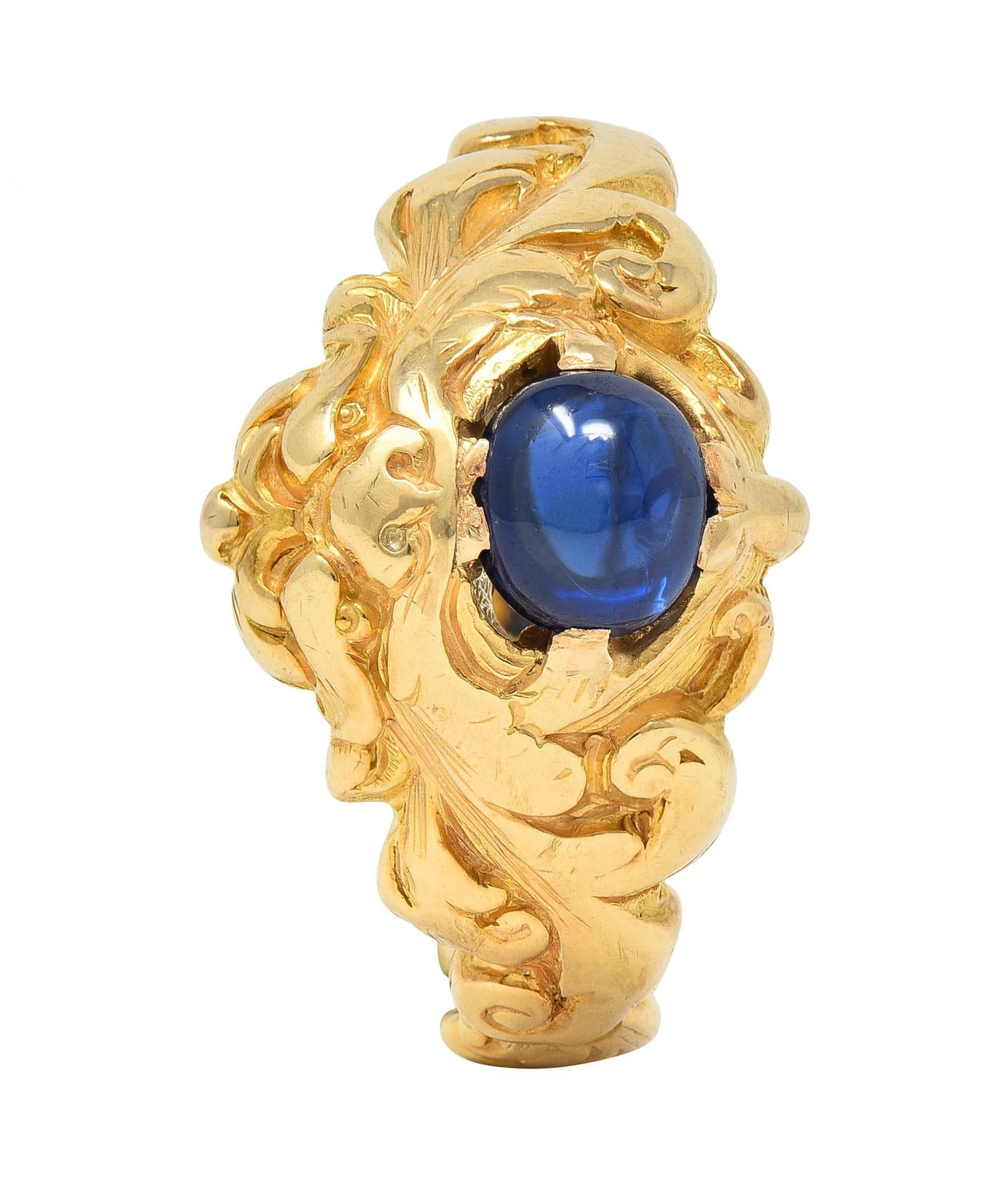 Victorian Sapphire 14 Karat Yellow Gold God Of Wind Unisex Antique Ring