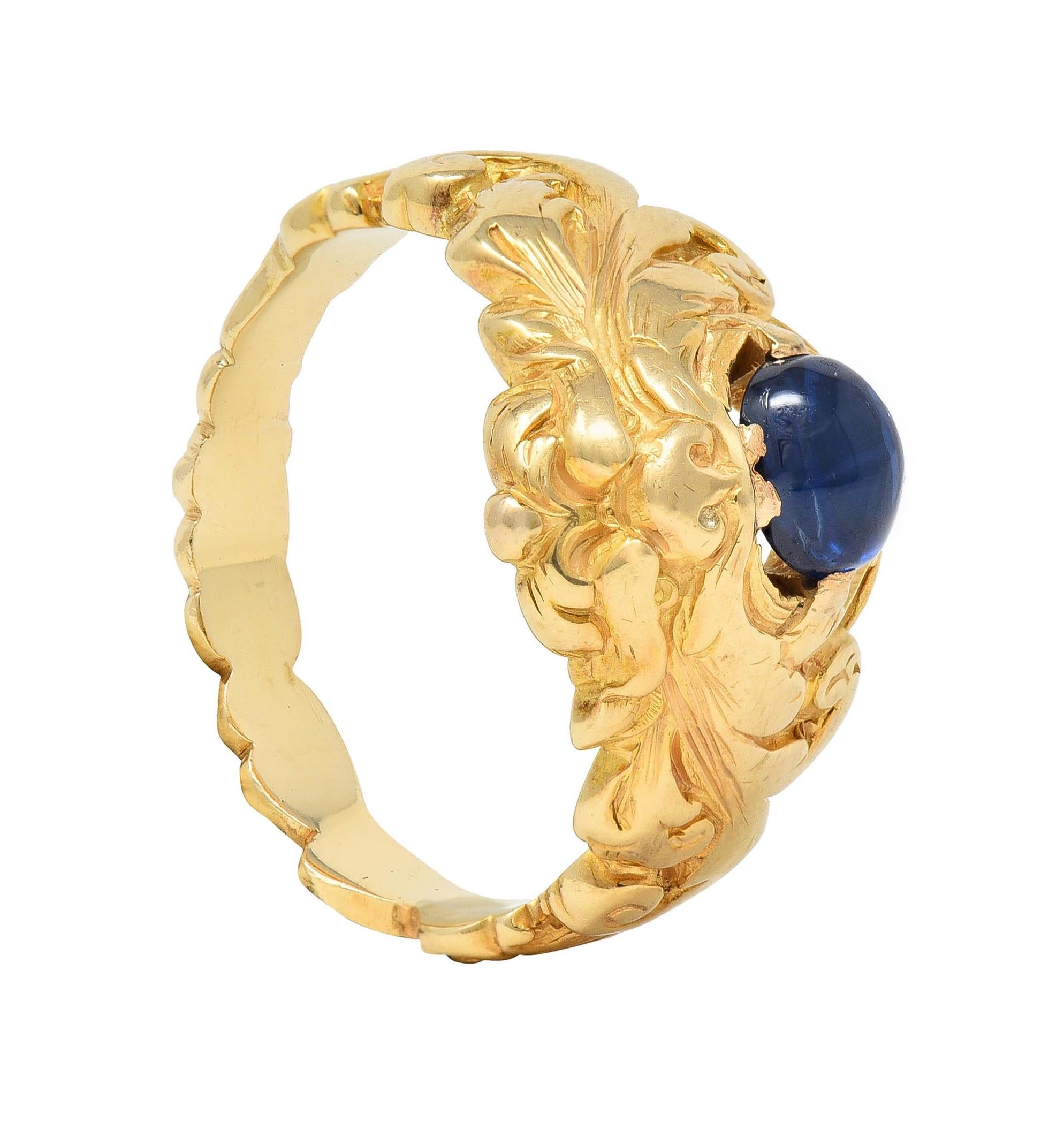 Victorian Sapphire 14 Karat Yellow Gold God Of Wind Unisex Antique Ring