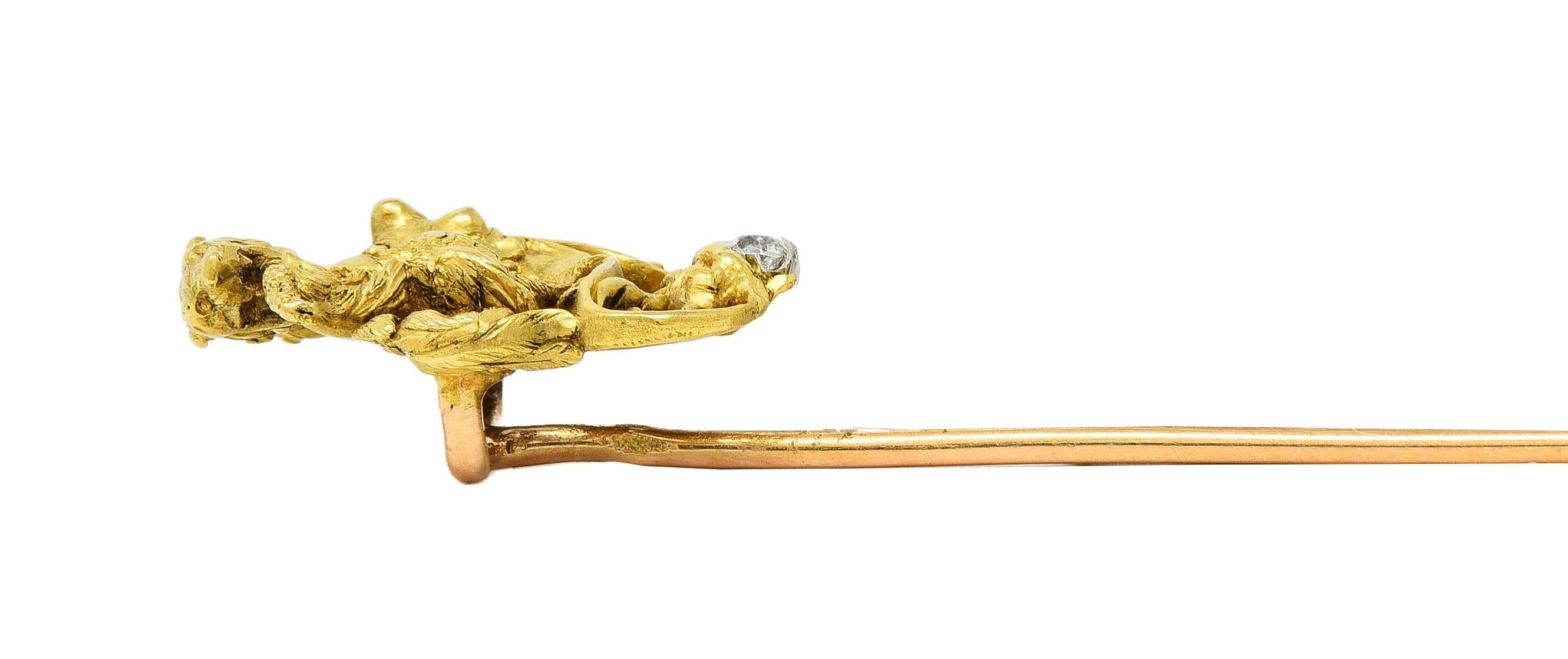 Art Nouveau French Diamond Platinum 18K Gold Antique Rooster Serpent Stickpin