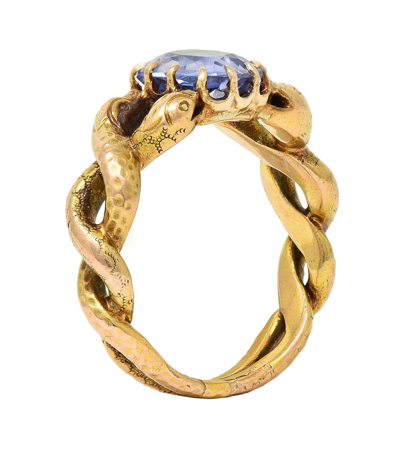 Victorian 1.92 CTW Sapphire 14 Karat Yellow Gold Antique Love Knot Snake Ring