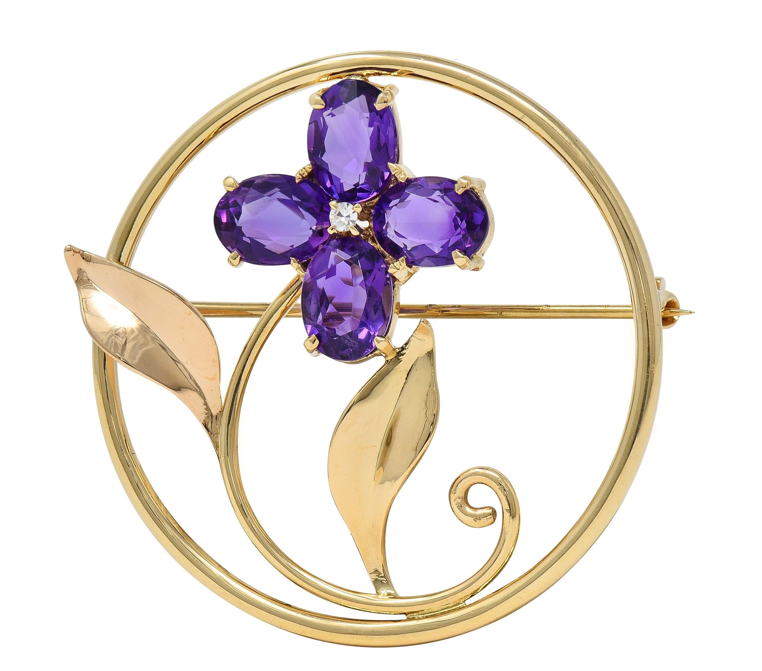 Tiffany & Co. Mid-Century 14 Karat Yellow Gold Vintage Flower Circle Brooch