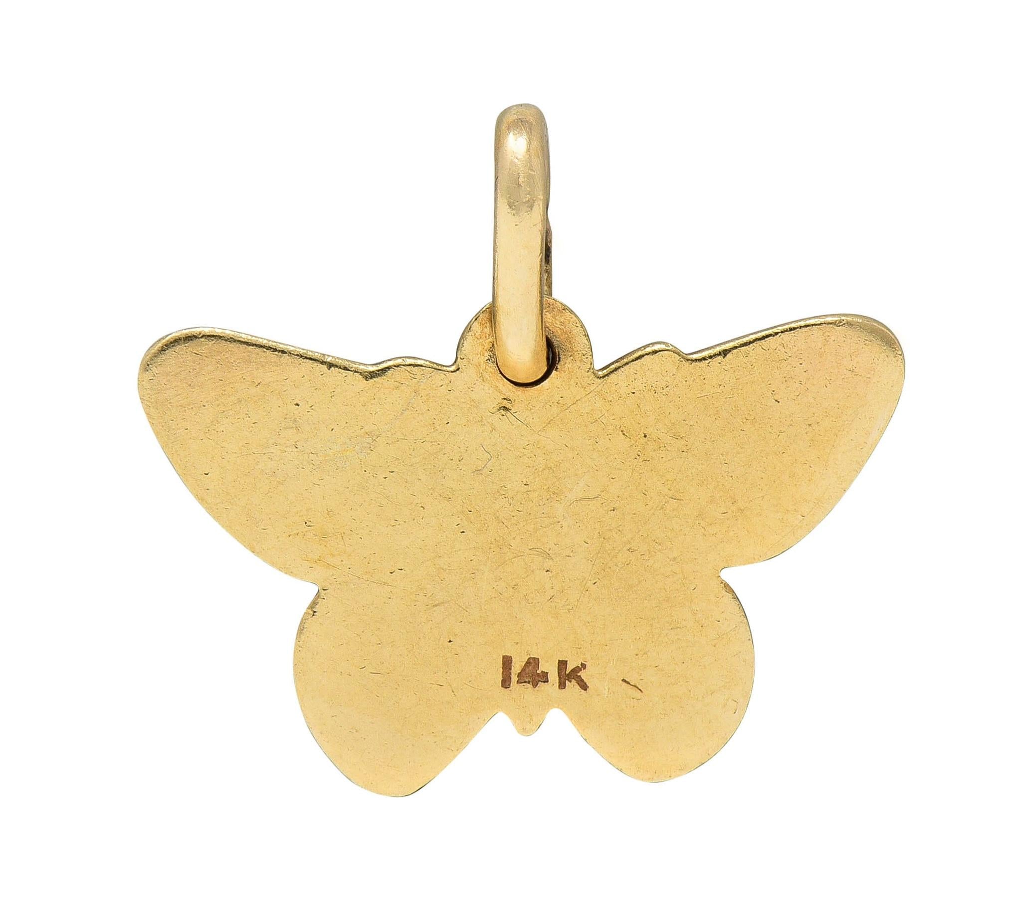 Retro 1940's 14 Karat Yellow Gold Blue Black Enamel Vintage Butterfly Charm