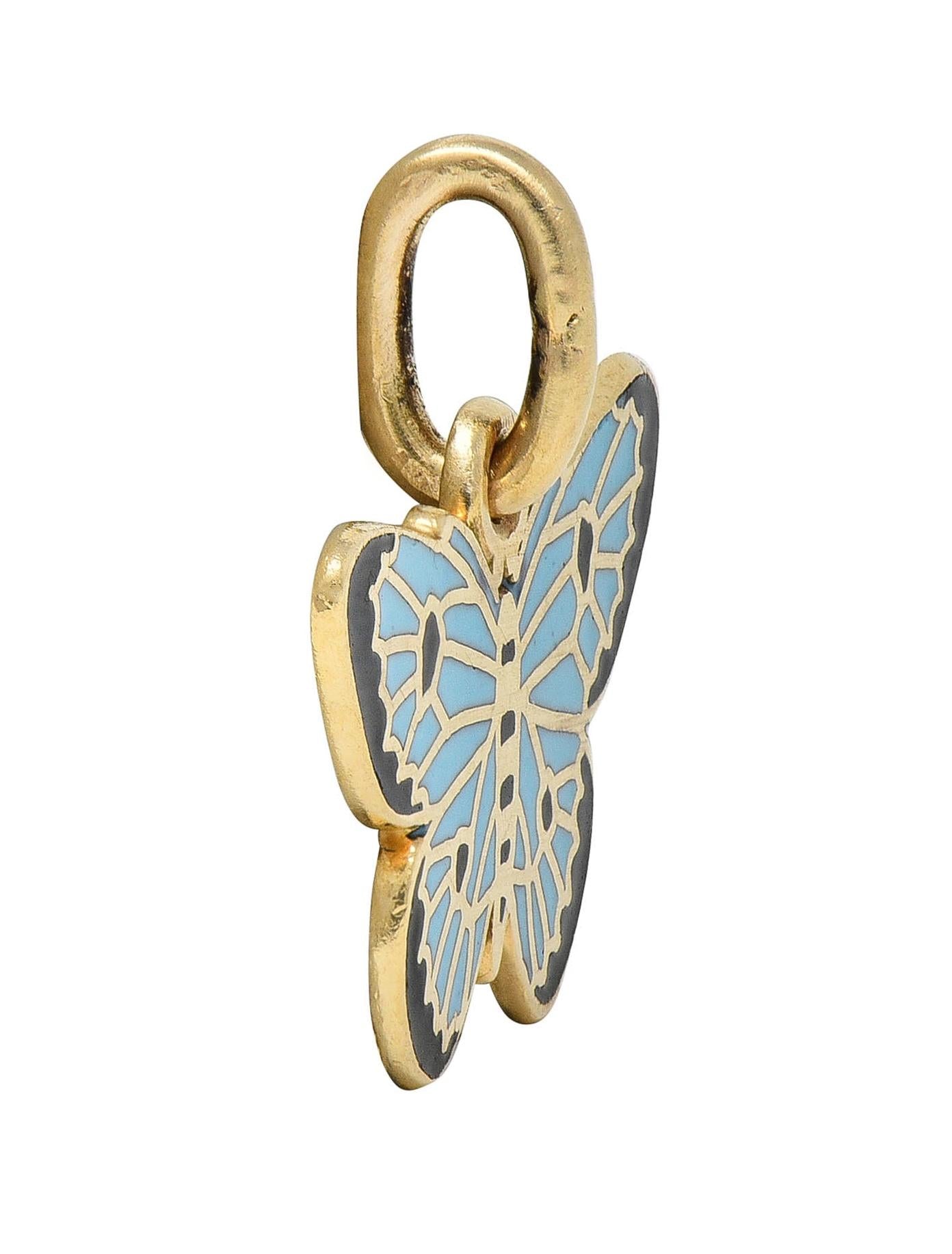 Retro 1940's 14 Karat Yellow Gold Blue Black Enamel Vintage Butterfly Charm