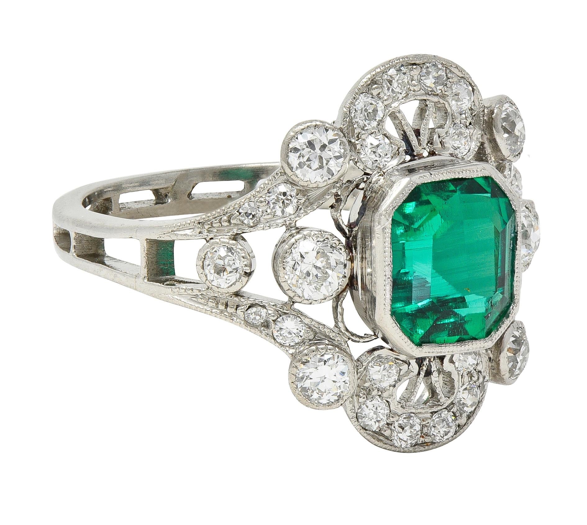 Early Art Deco Colombian Emerald Diamond Platinum Antique Cluster Ring