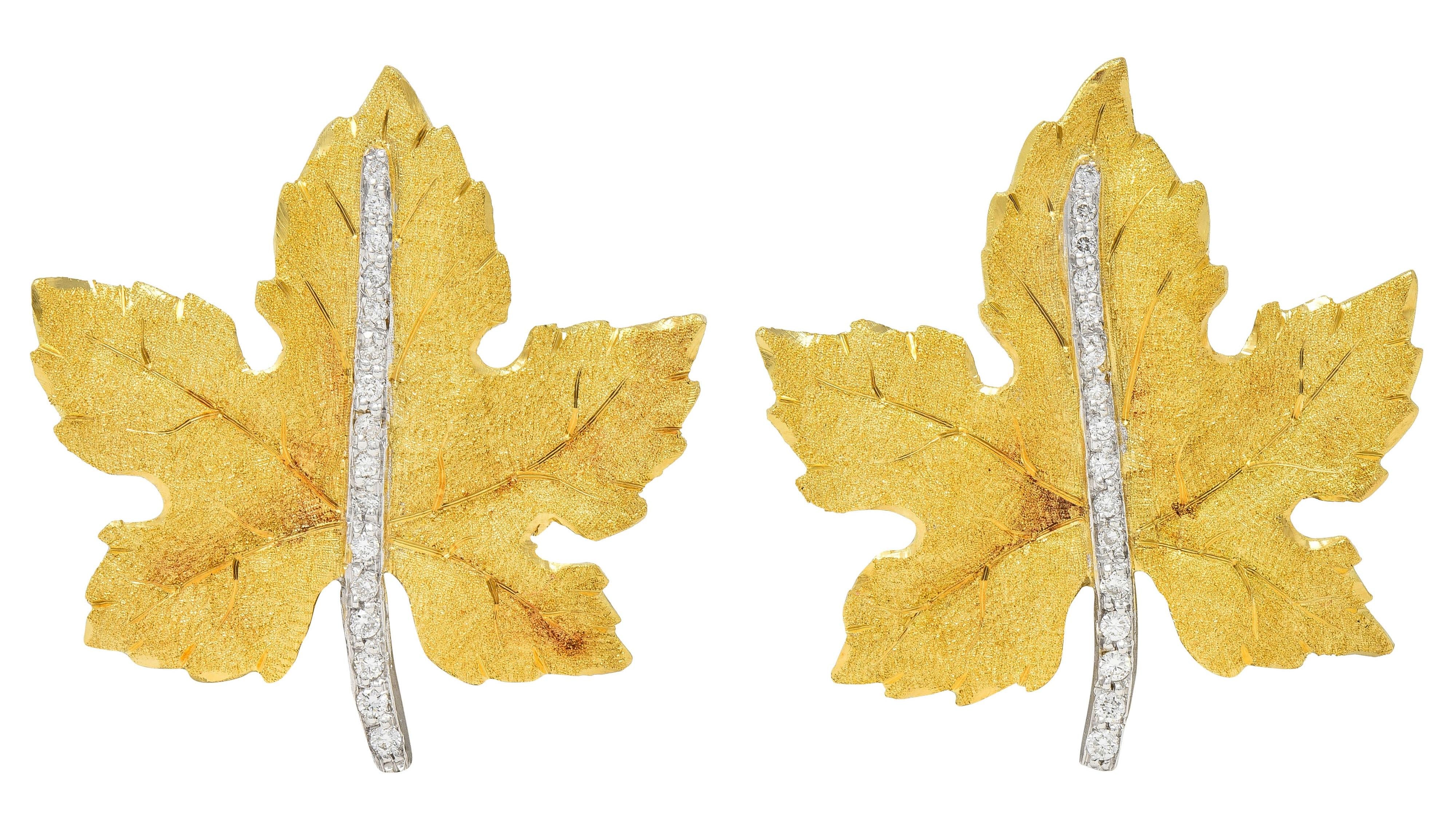 Buccellati Mid-Century Diamond 18K Two-Tone Gold Vintage Maple Leaf Earrings