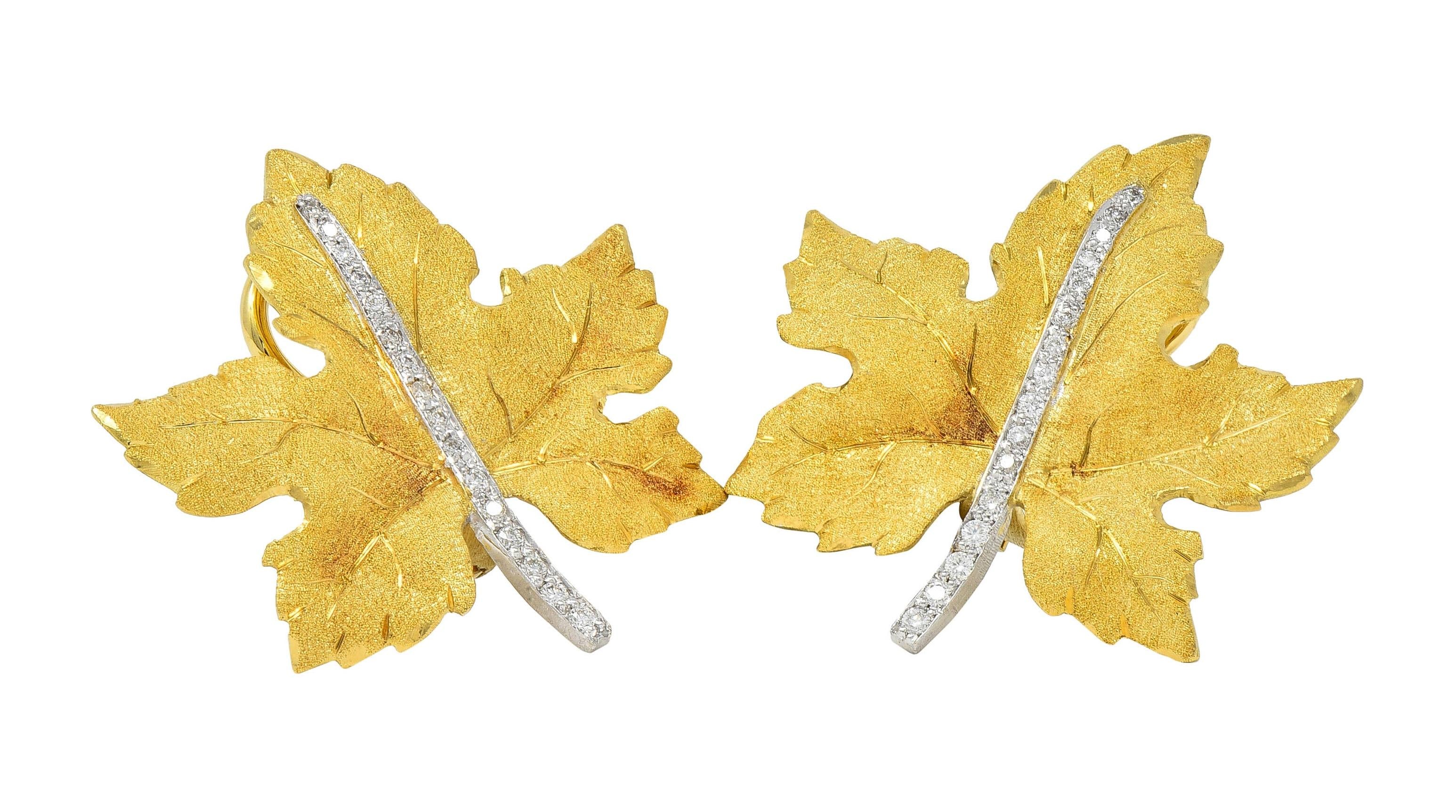 Buccellati Mid-Century Diamond 18K Two-Tone Gold Vintage Maple Leaf Earrings