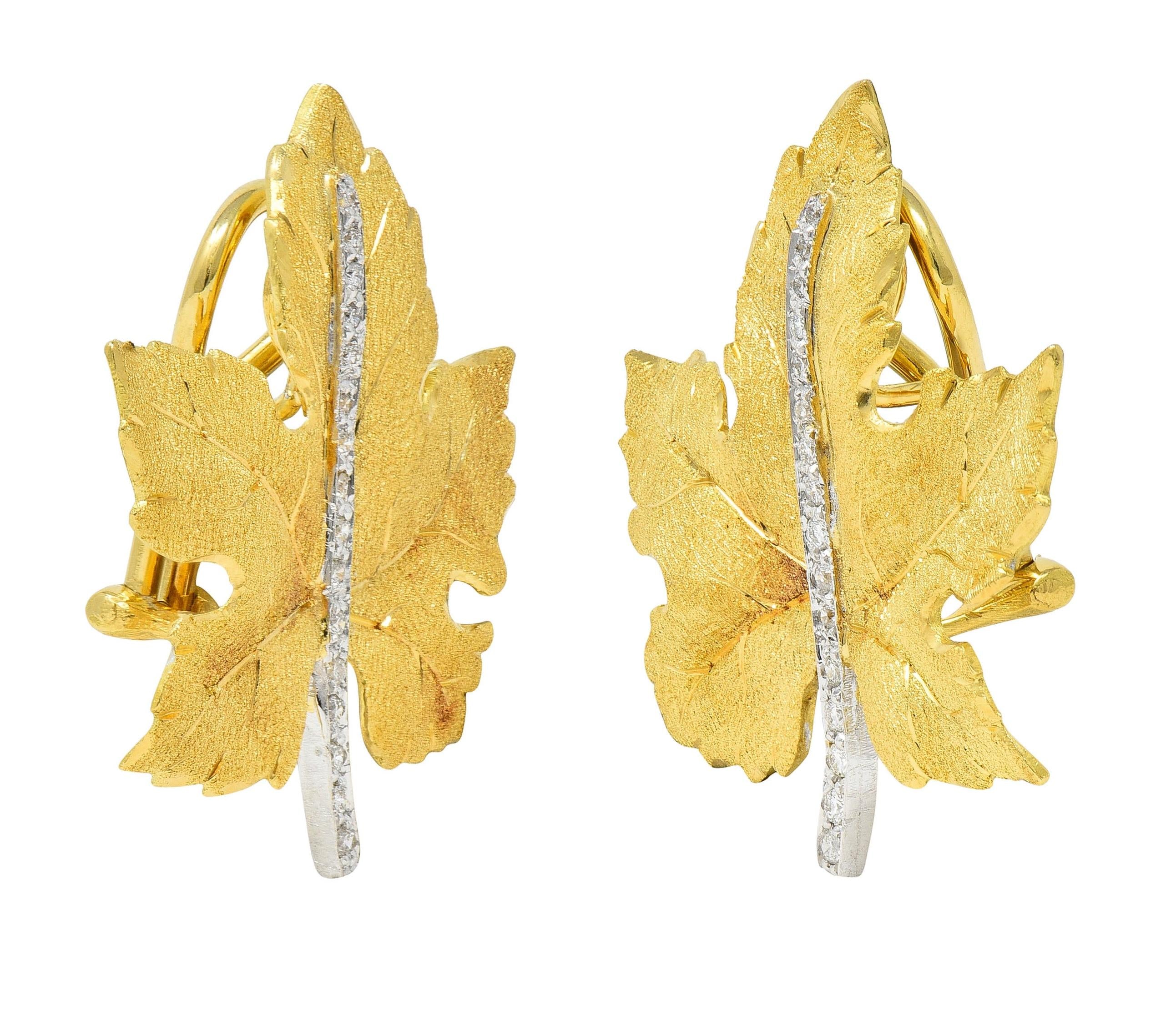 Buccellati Mid-Century Diamond 18K Two-Tone Gold Vintage Maple Leaf Earrings