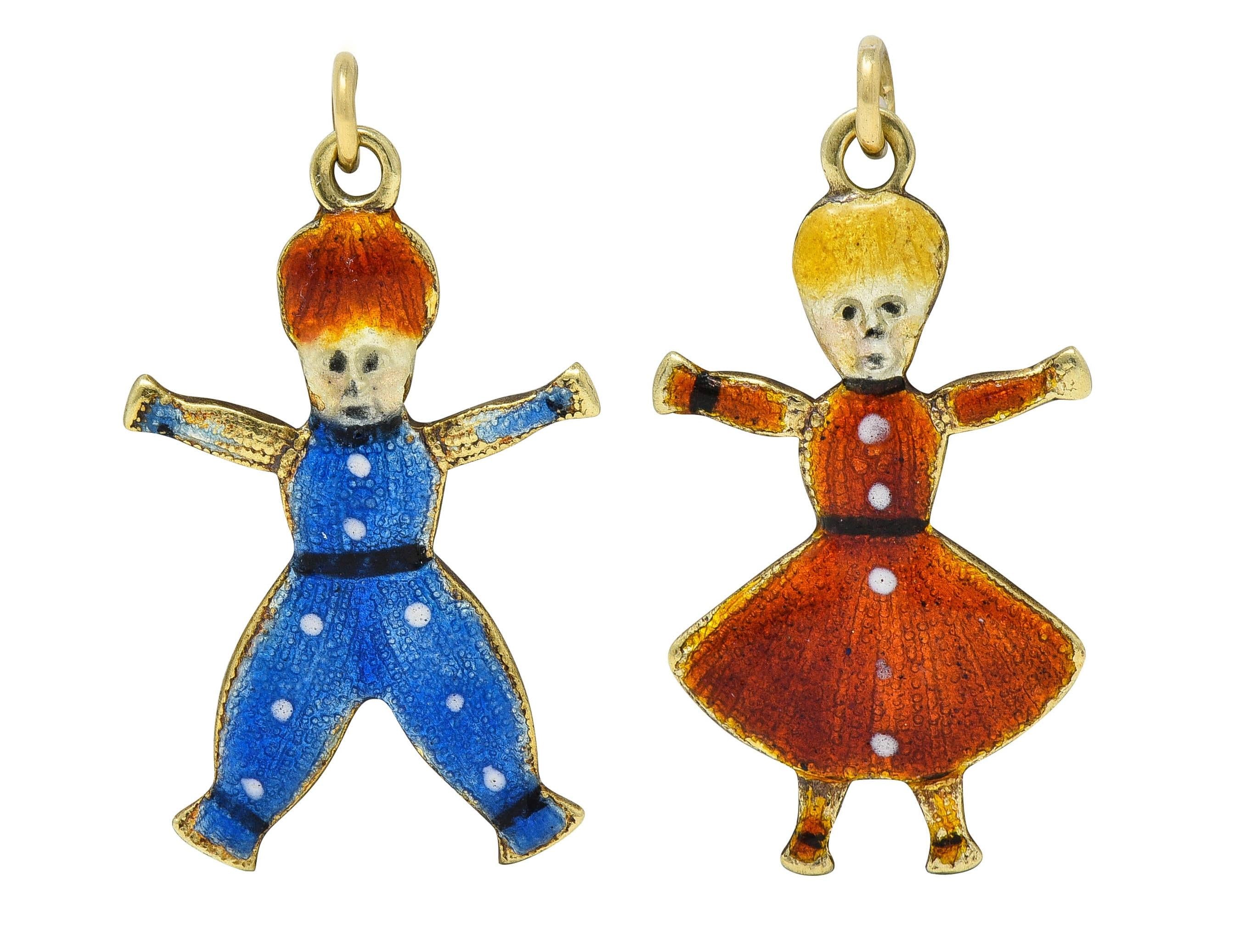 Art Deco Enamel 18 Karat Yellow Gold Two Children Antique 1920's Charms