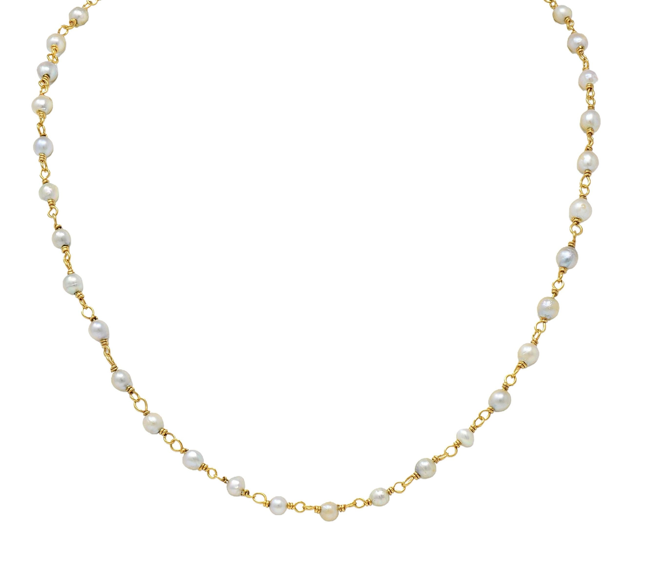 Edwardian Pearl 14 Karat Yellow Gold Antique Beaded Chain Link Necklace