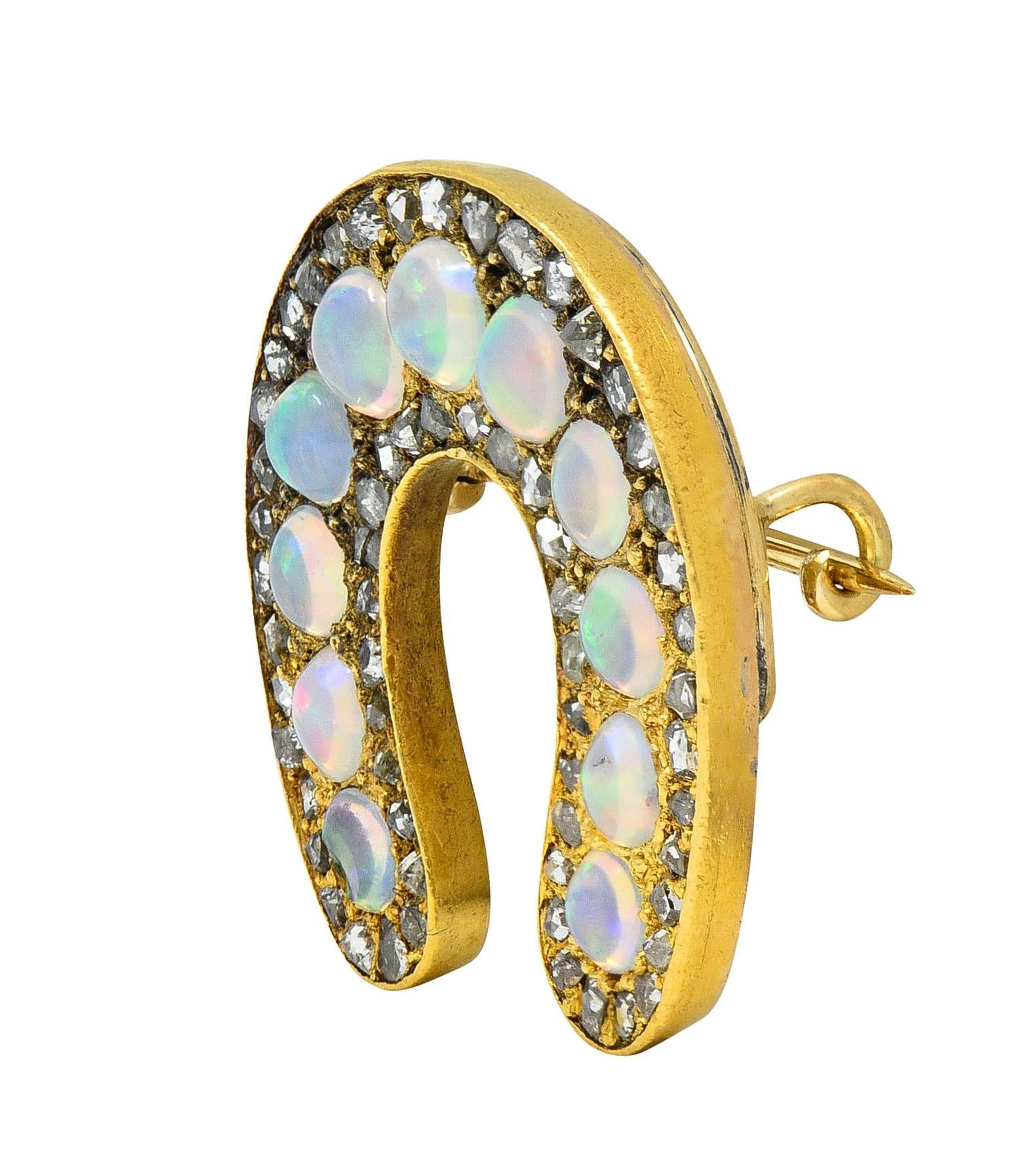 Victorian Jelly Opal Diamond 18 Karat Yellow Gold Antique Horseshoe Brooch