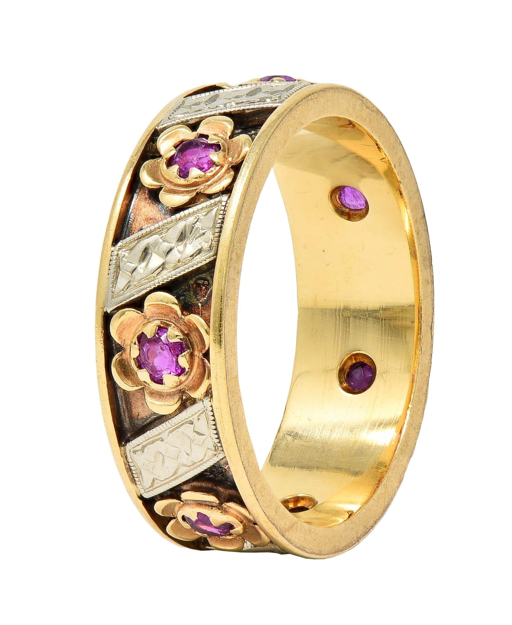 1950's 0.52 CTW Ruby 14 Karat Two-Tone Gold Vintage Floral Band Ring