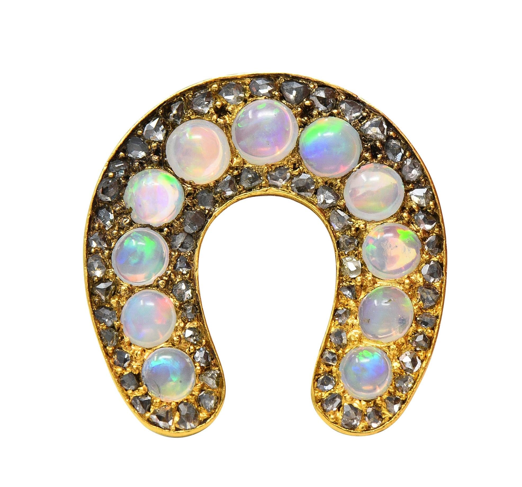 Victorian Jelly Opal Diamond 18 Karat Yellow Gold Antique Horseshoe Brooch