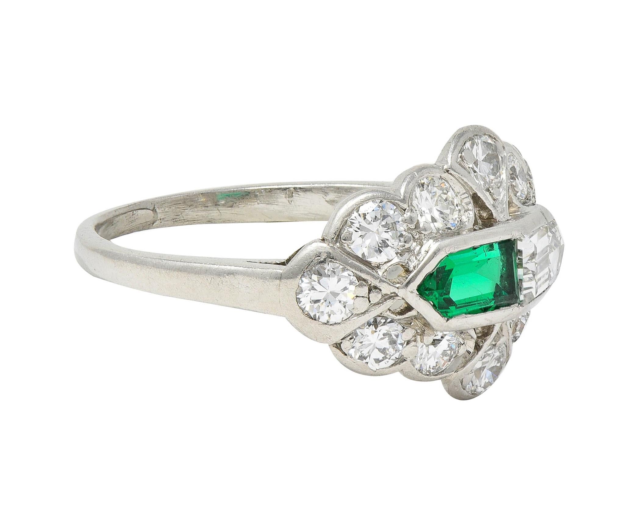 Birks Art Deco 1.20 CTW Emerald Diamond Platinum Cluster Vintage Dinner Ring