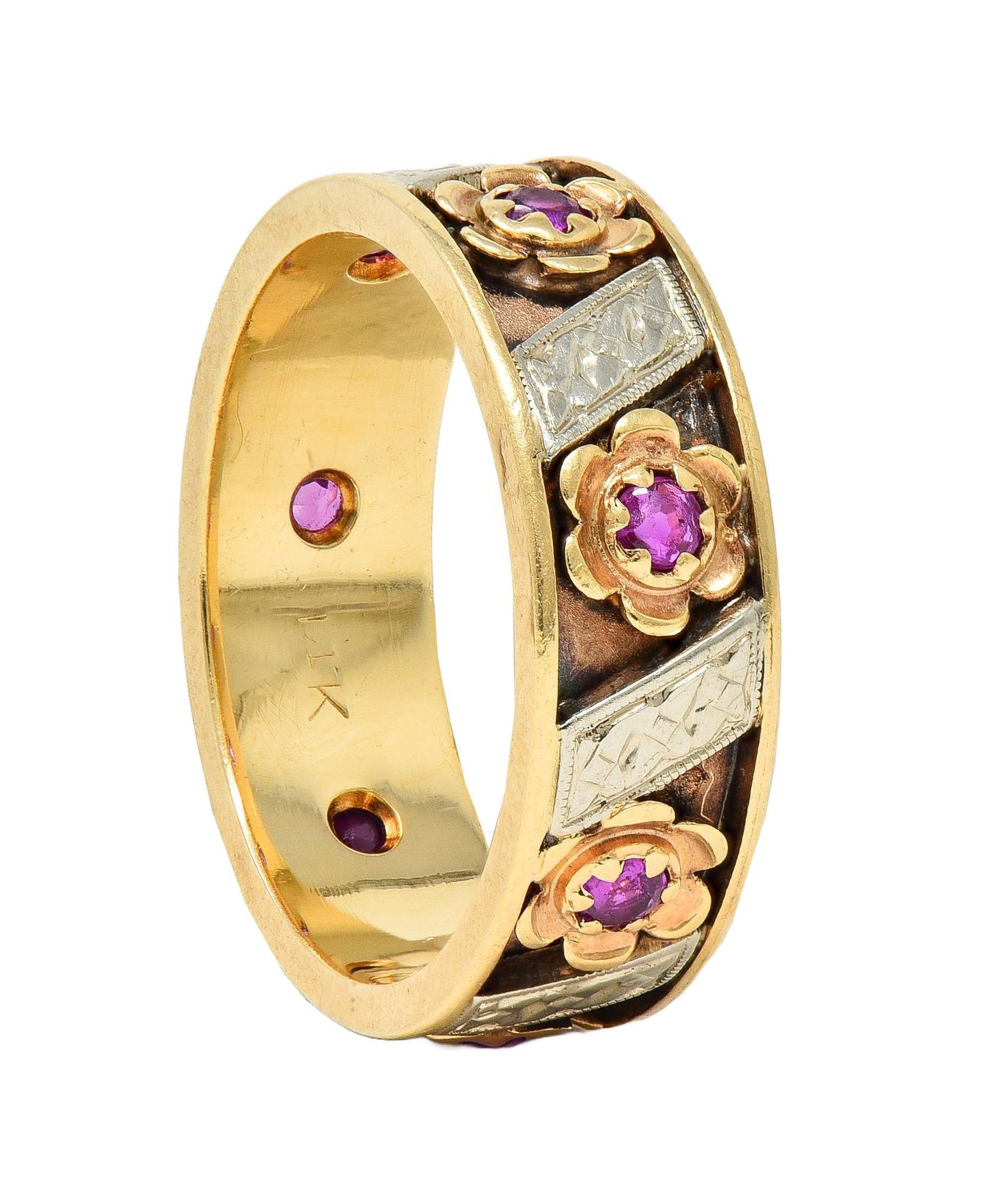 1950's 0.52 CTW Ruby 14 Karat Two-Tone Gold Vintage Floral Band Ring