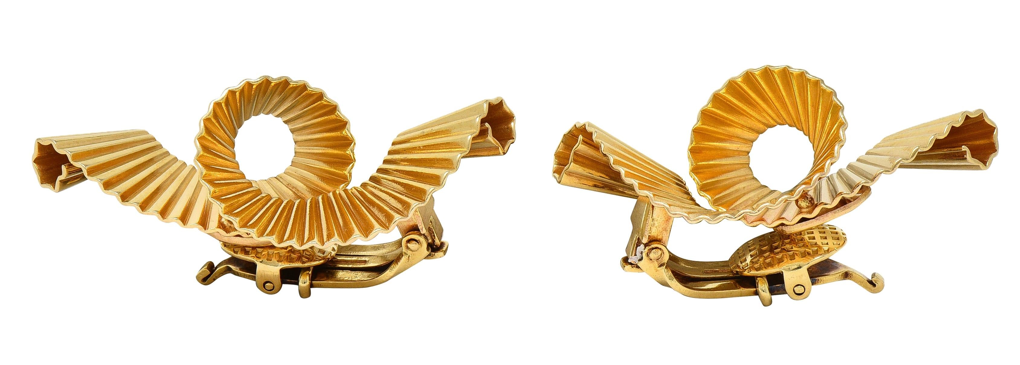 Tiffany & Co. Retro 14 Karat Yellow Gold Pleated Scroll Ear-Clip Earrings