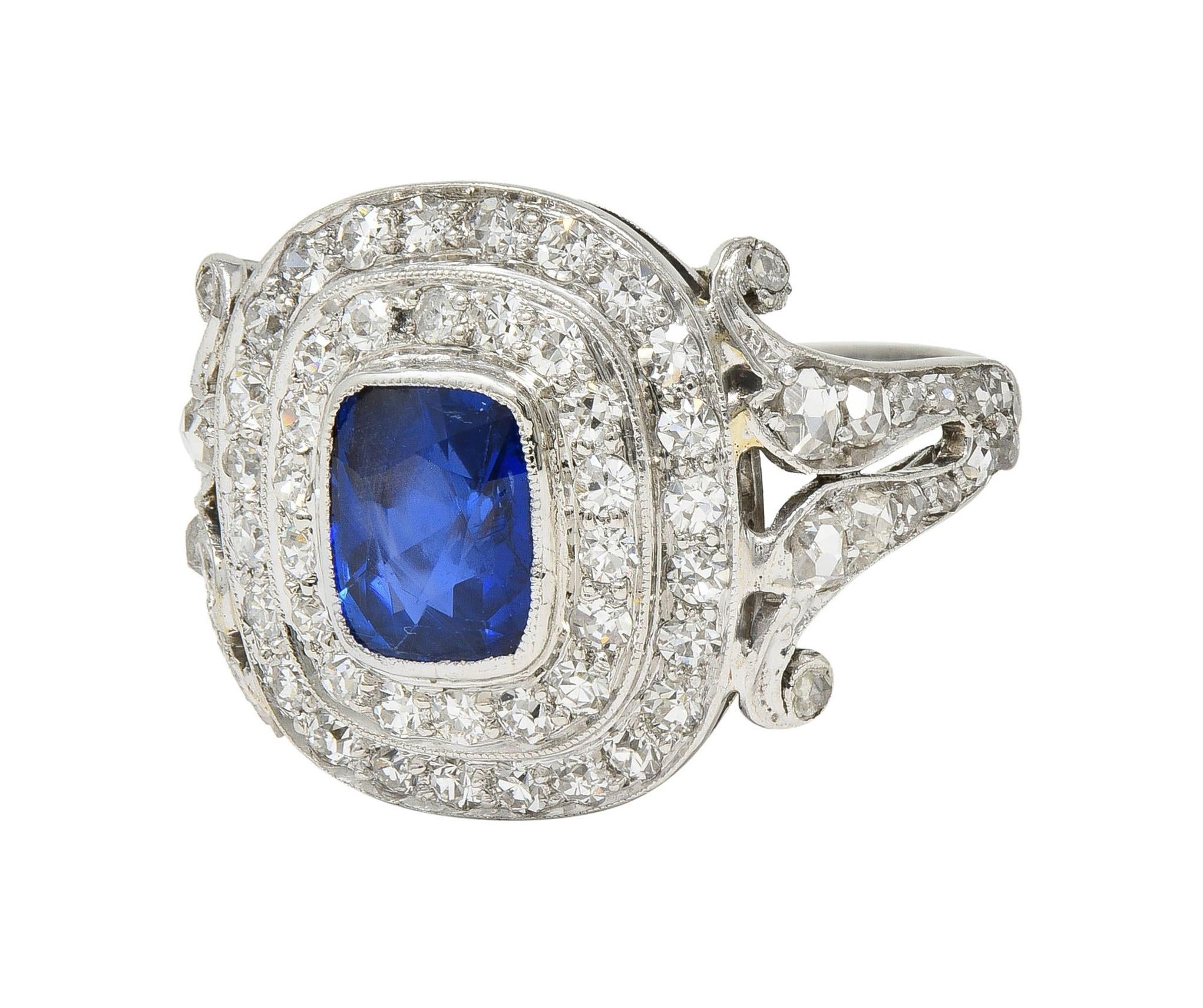 Art Deco 2.45 CTW No Heat Burma Sapphire Diamond Platinum Vintage Halo Ring GIA