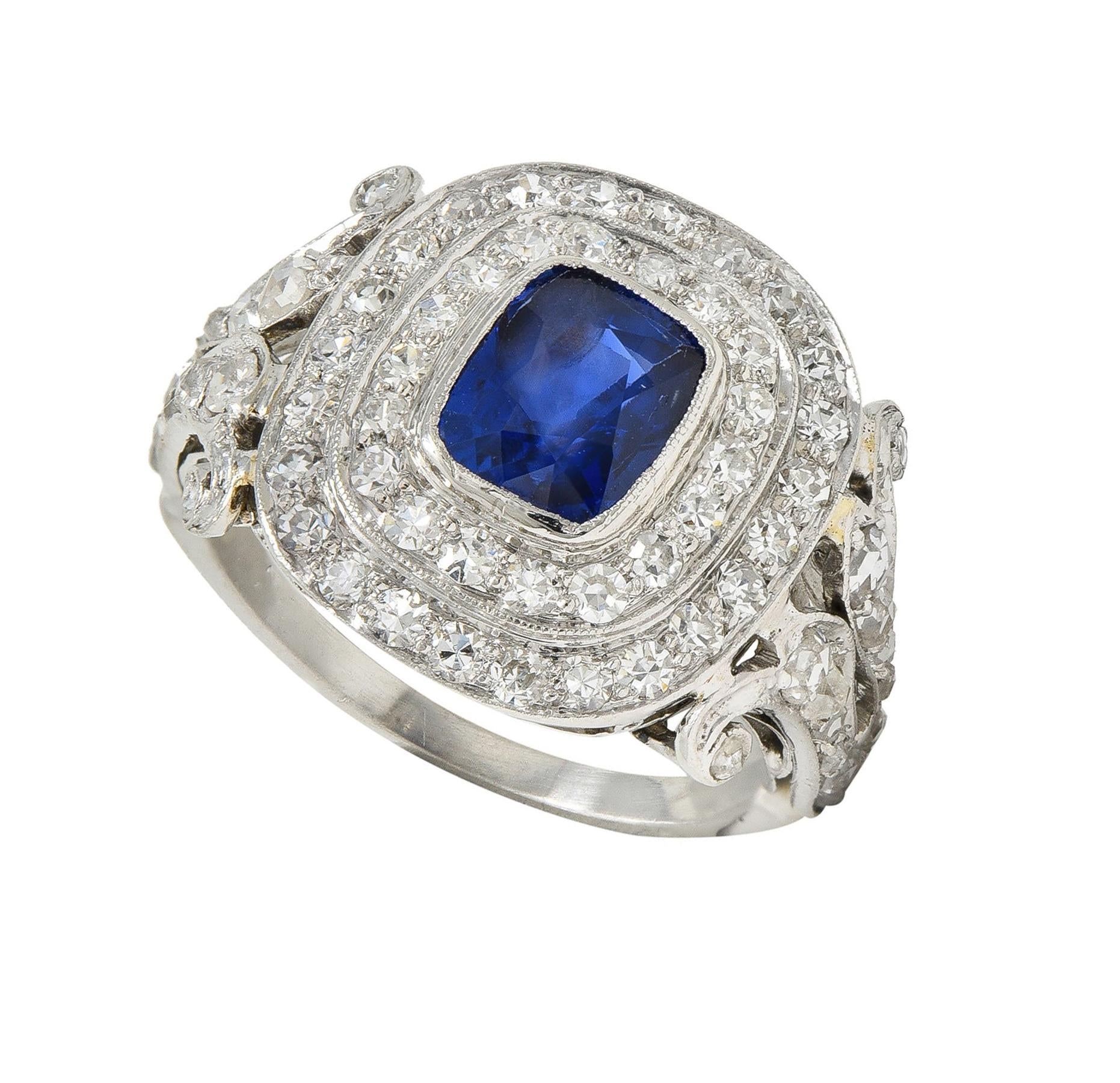 Art Deco 2.45 CTW No Heat Burma Sapphire Diamond Platinum Vintage Halo Ring GIA