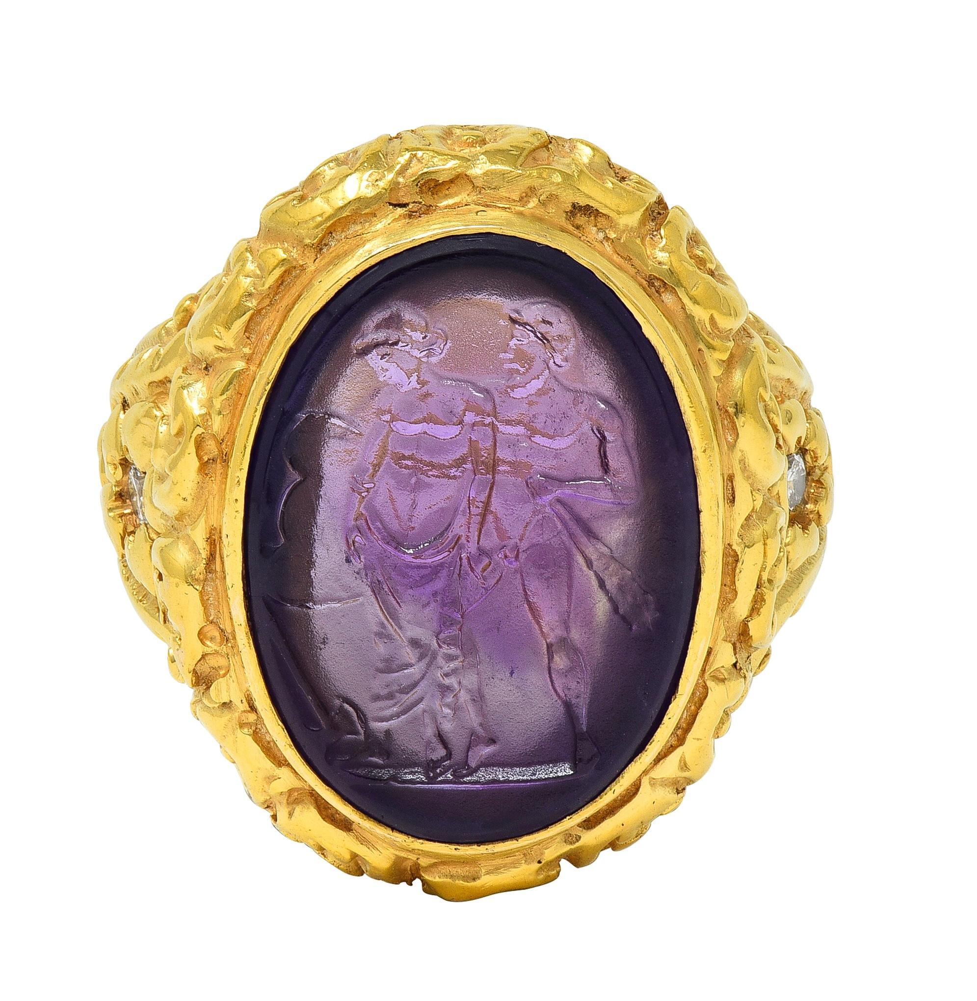 Victorian Amethyst Diamond 14K Gold Antique Greek Unisex Intaglio Signet Ring