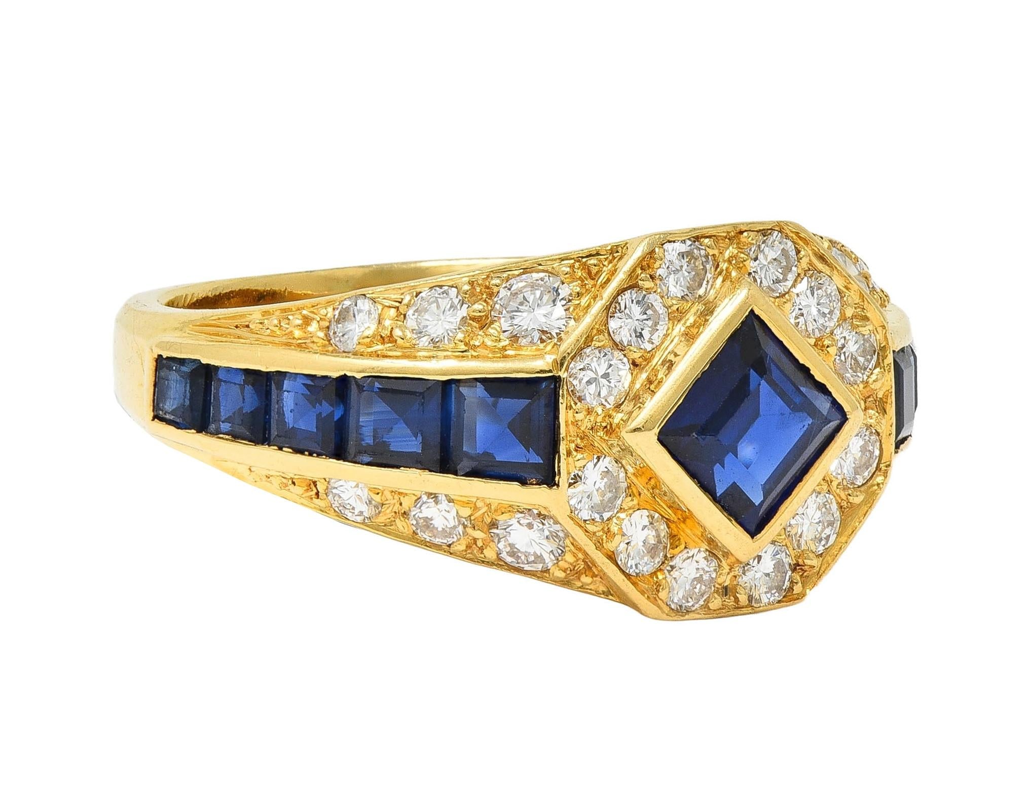 1957 French 2.52 CTW Sapphire Diamond 18 Karat Yellow Gold Vintage Halo Ring