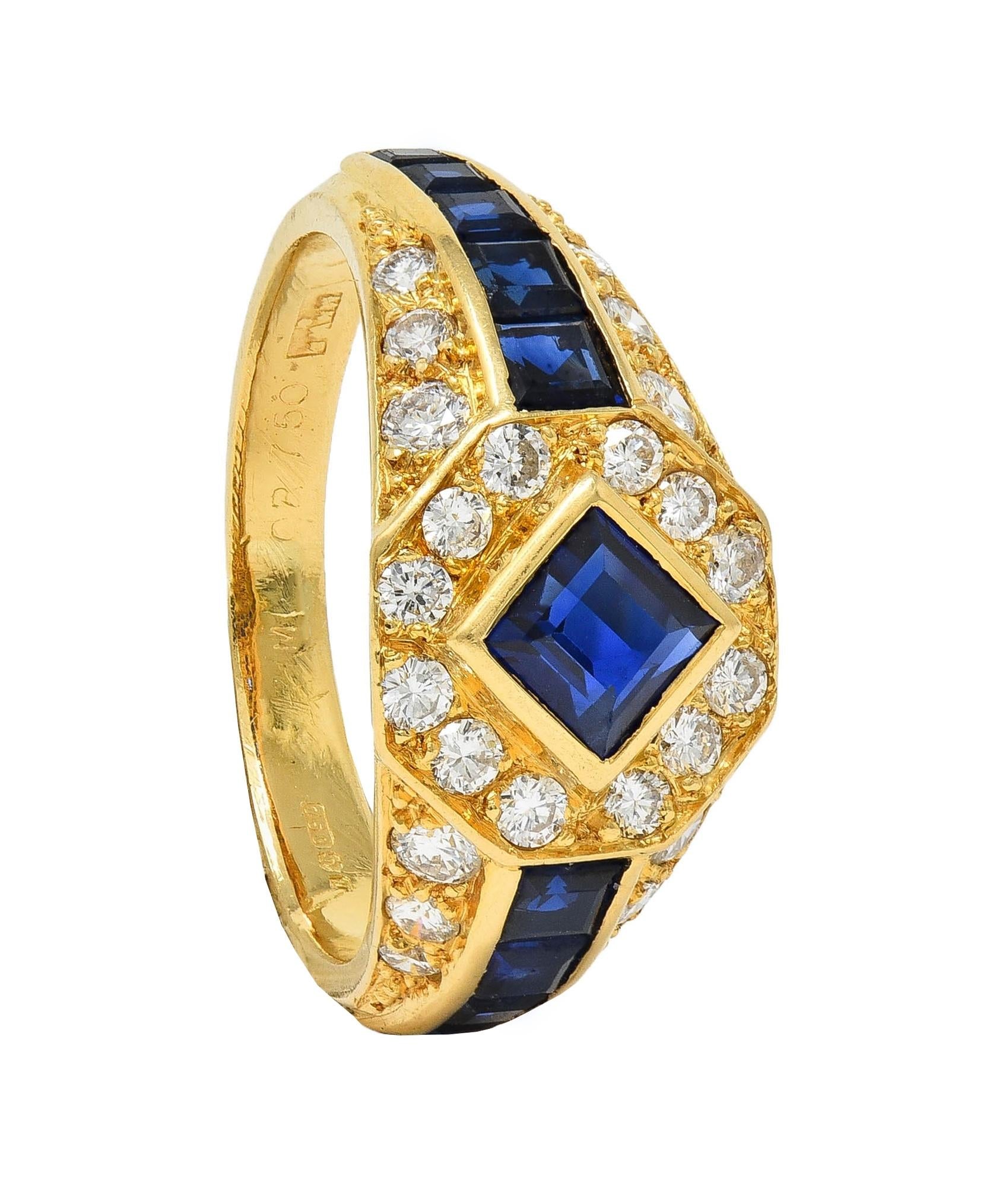 1957 French 2.52 CTW Sapphire Diamond 18 Karat Yellow Gold Vintage Halo Ring