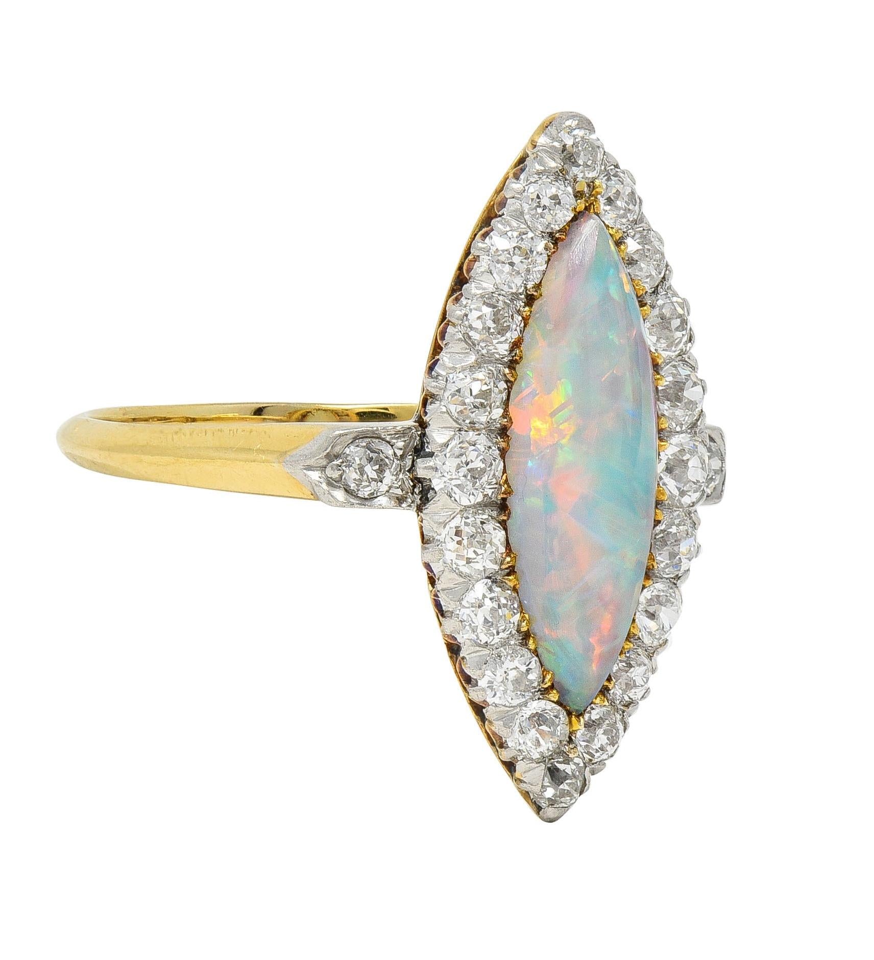 Edwardian Opal Diamond Platinum 18 Karat Yellow Gold Antique Navette Ring