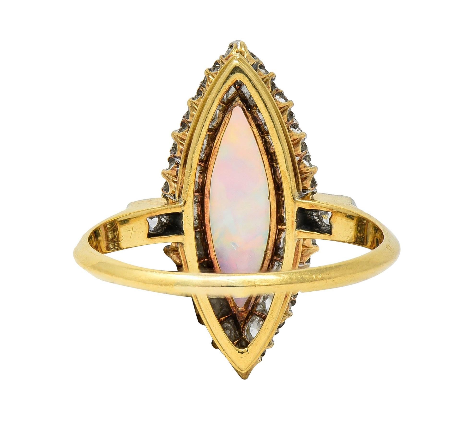 Edwardian Opal Diamond Platinum 18 Karat Yellow Gold Antique Navette Ring