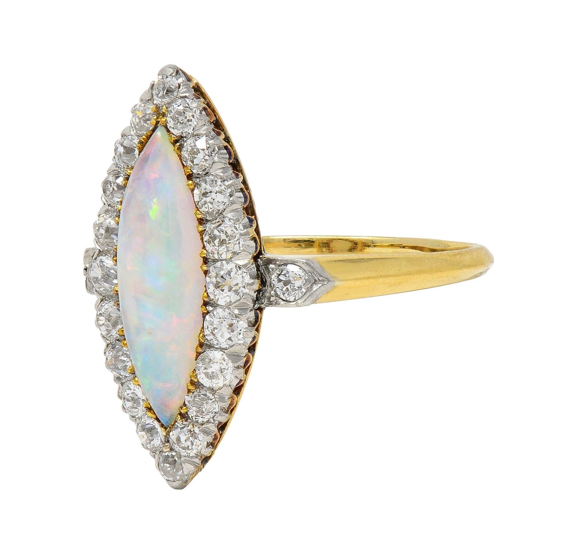 Edwardian Opal Diamond Platinum 18 Karat Yellow Gold Antique Navette Ring