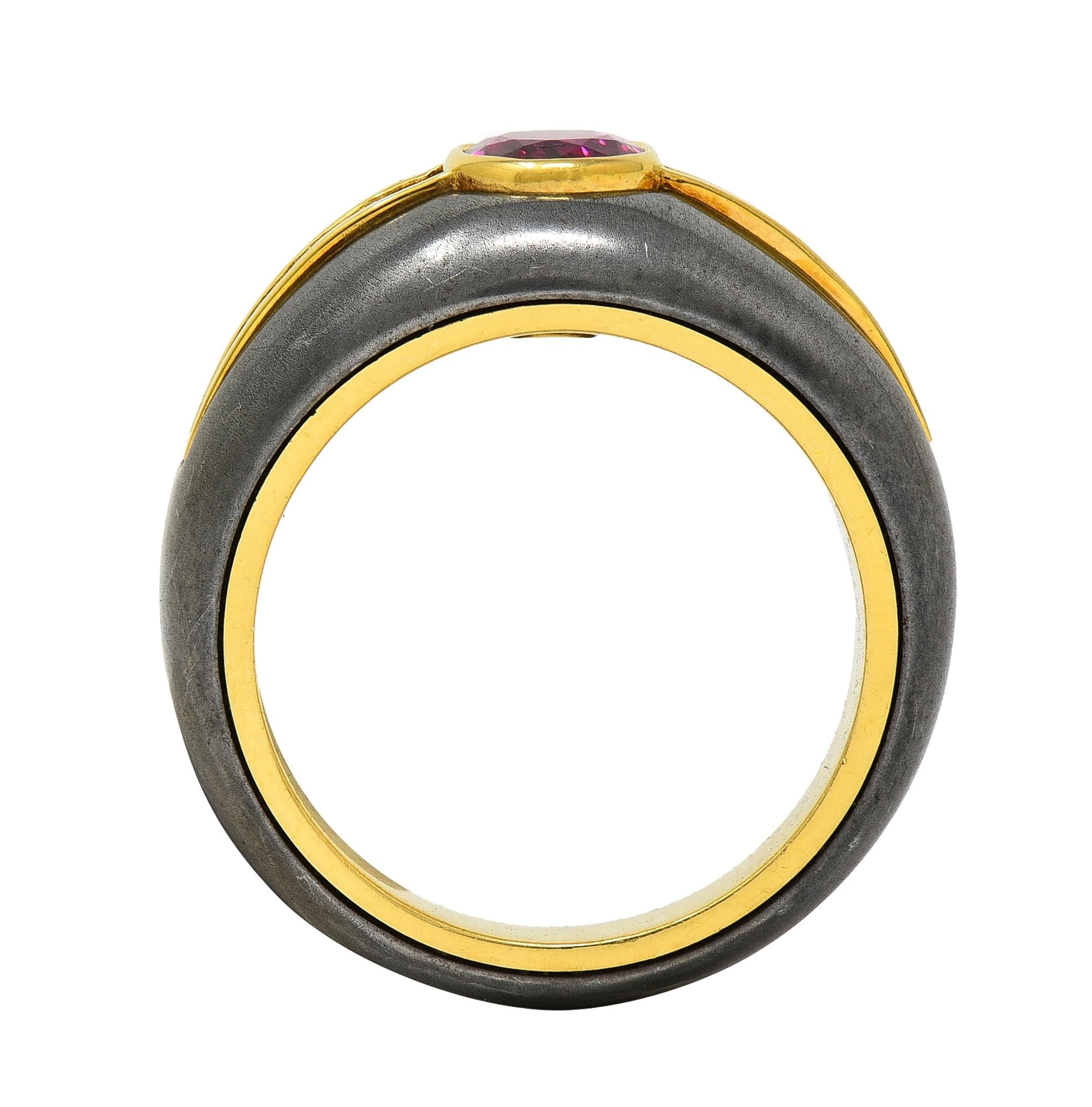 1980's 1.54 CTW Ruby Diamond Hematite 18 Karat Yellow Gold Vintage Ring GIA