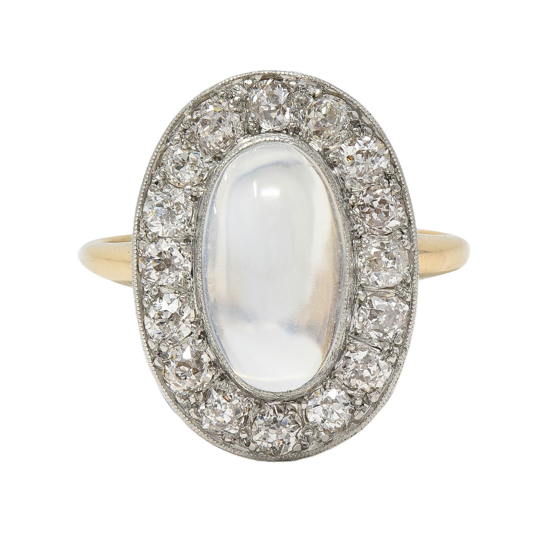 Edwardian 1.12 CTW Moonstone Diamond Platinum 14 Karat Gold Antique Halo Ring