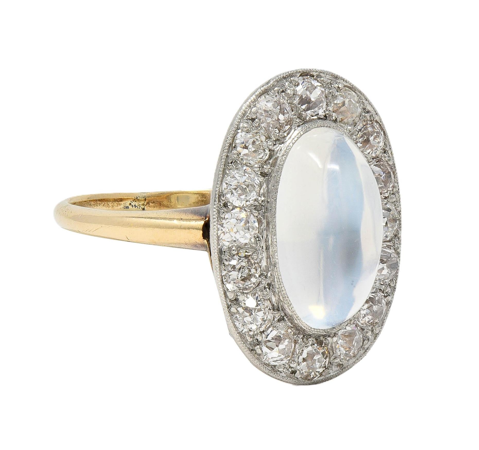 Edwardian 1.12 CTW Moonstone Diamond Platinum 14 Karat Gold Antique Halo Ring