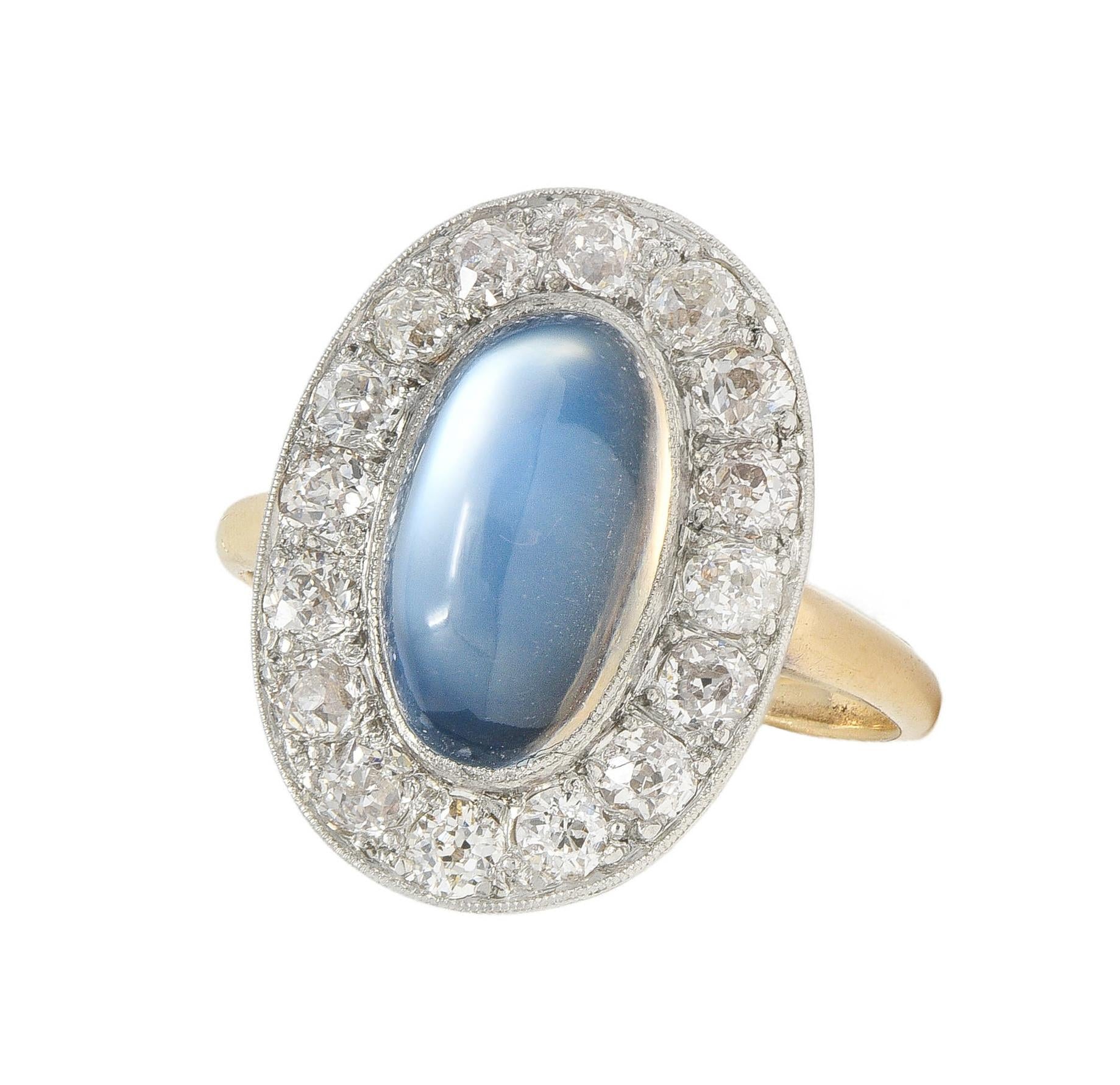 Edwardian 1.12 CTW Moonstone Diamond Platinum 14 Karat Gold Antique Halo Ring