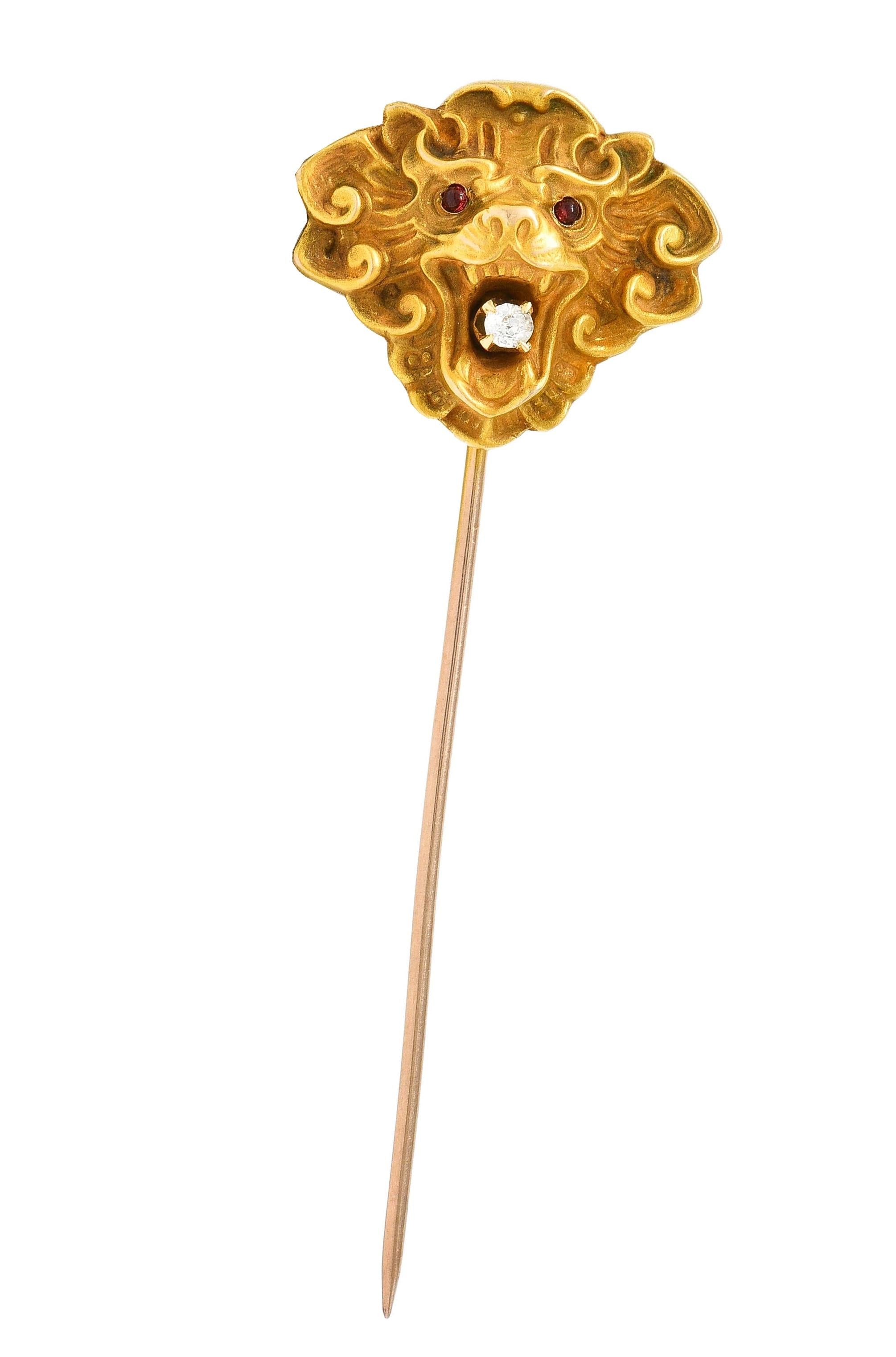 Art Nouveau Diamond Tourmaline 14 Karat Yellow Gold Antique Lion Stickpin