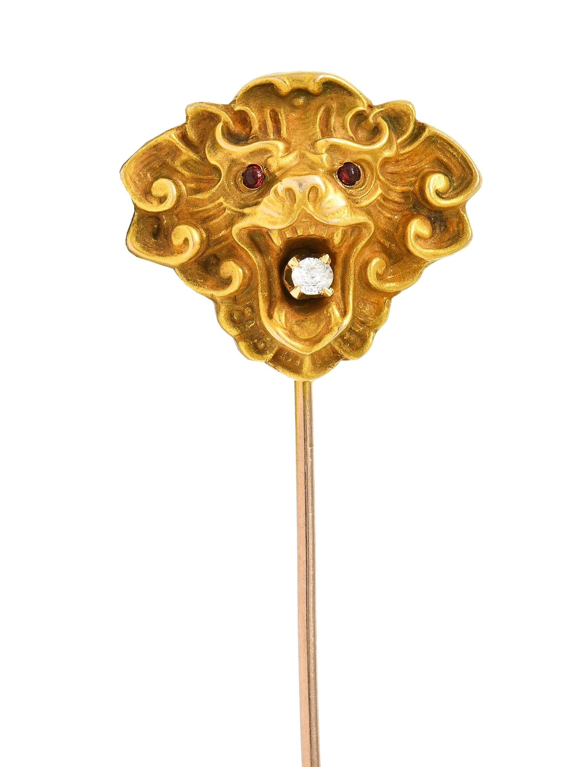 Art Nouveau Diamond Tourmaline 14 Karat Yellow Gold Antique Lion Stickpin