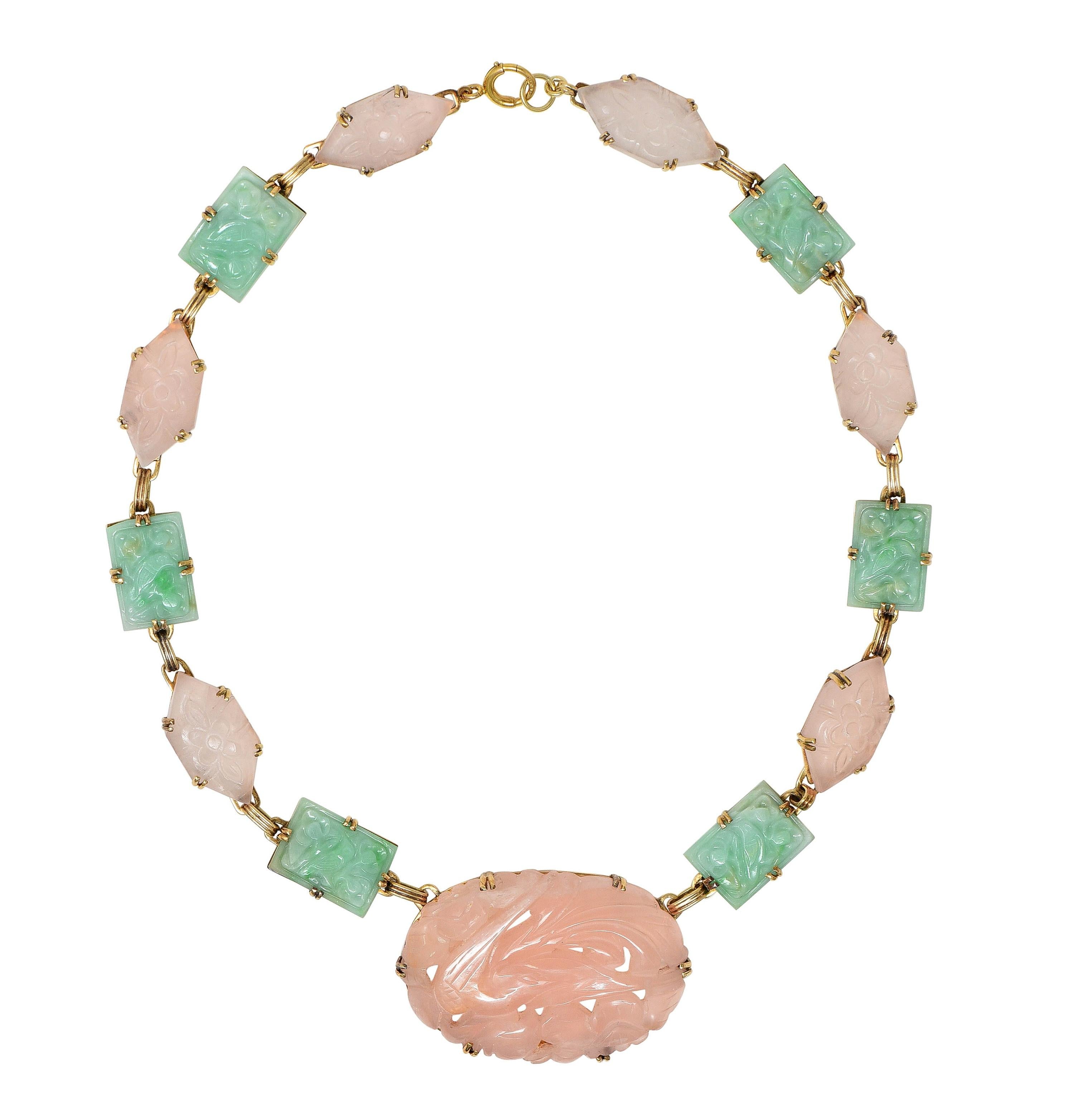 Early Art Deco Jade Rose Quartz 14 Karat Yellow Gold Antique Station Necklace