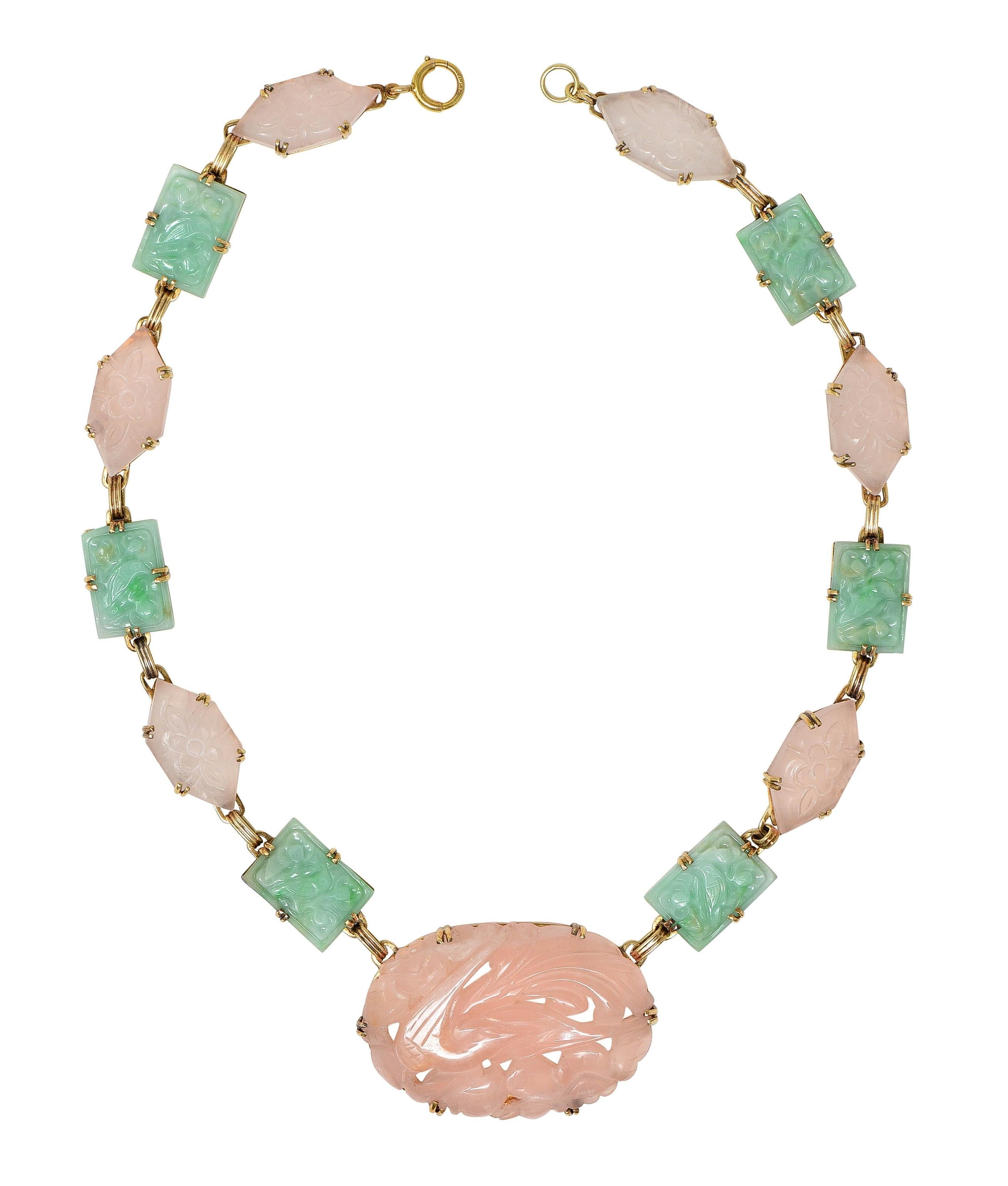 Early Art Deco Jade Rose Quartz 14 Karat Yellow Gold Antique Station Necklace