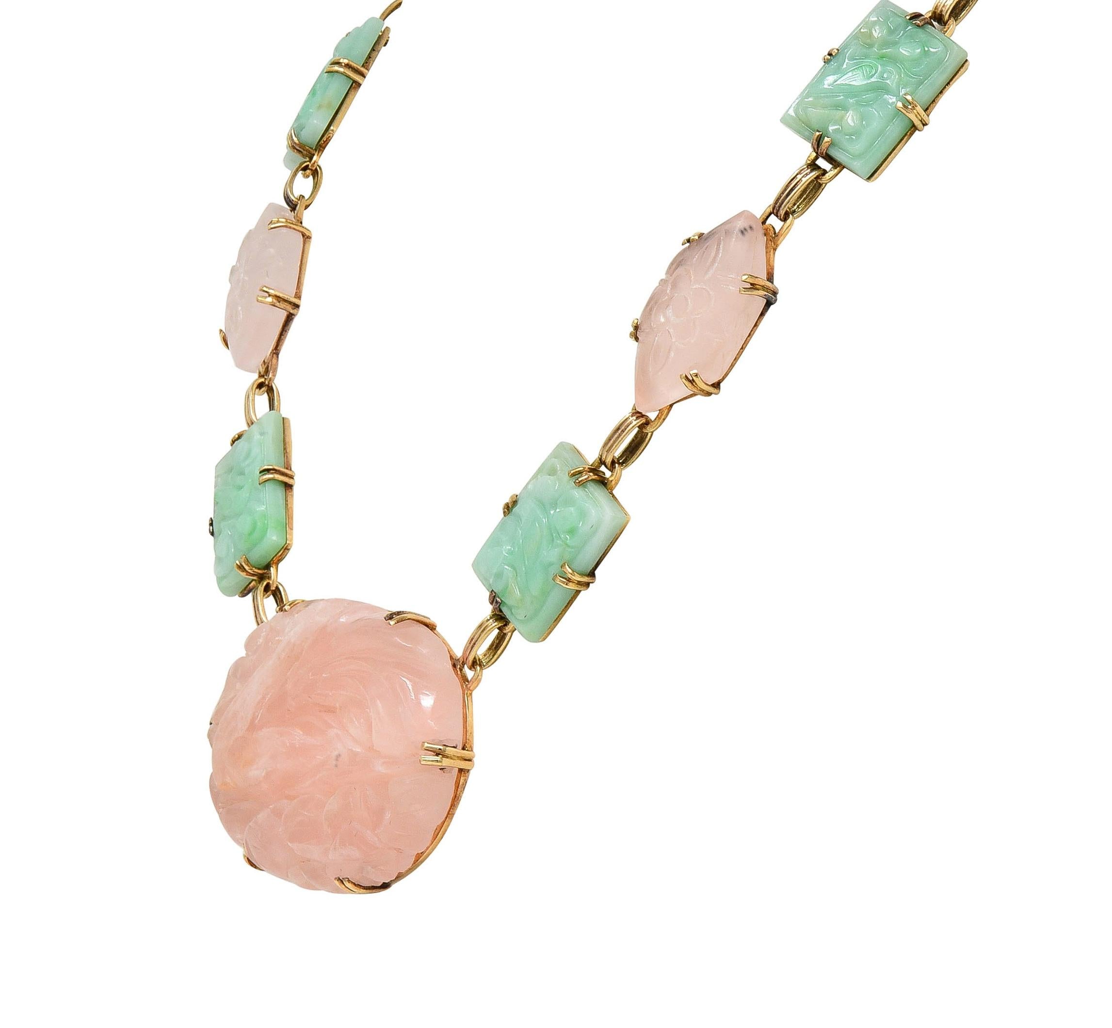 Early Art Deco Jade Rose Quartz 14 Karat Yellow Gold Antique Station Necklace