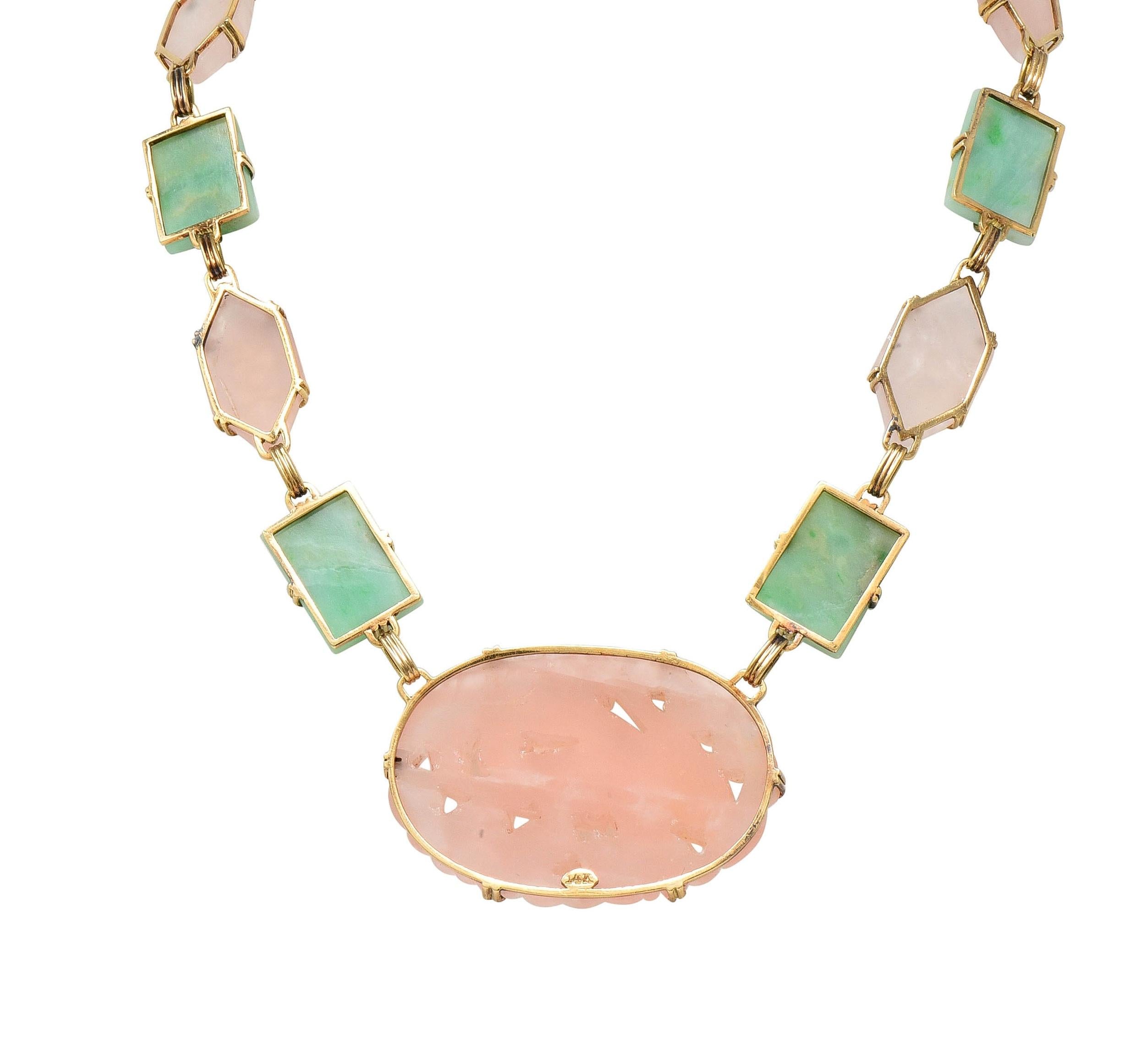 Early Art Deco Jade Rose Quartz 14 Karat Yellow Gold Antique Station Necklace