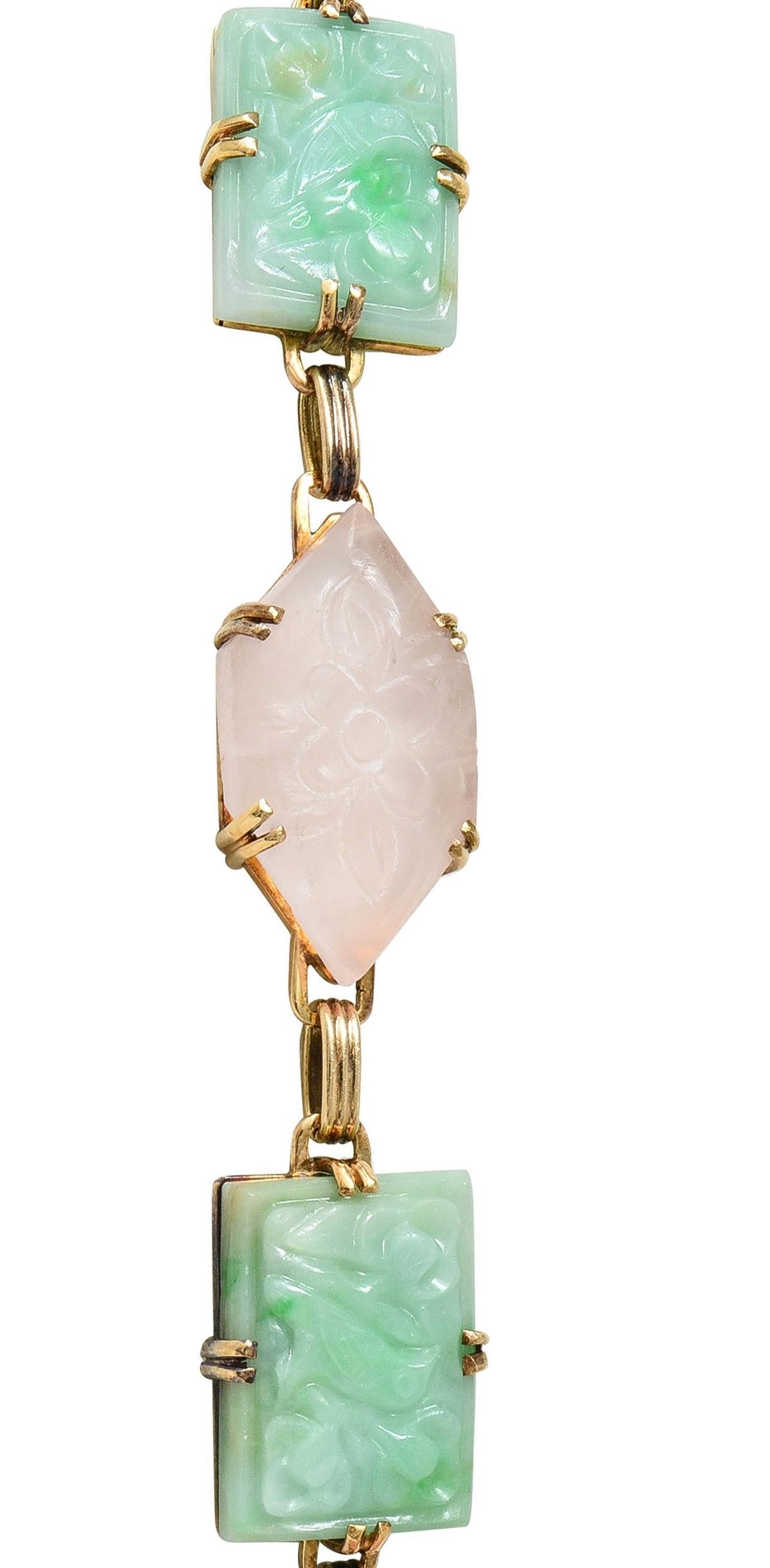 Early Art Deco Jade Rose Quartz 14 Karat Yellow Gold Antique Station Necklace