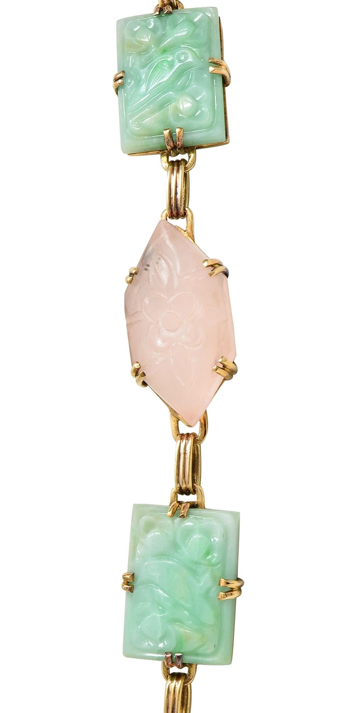 Early Art Deco Jade Rose Quartz 14 Karat Yellow Gold Antique Station Necklace