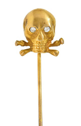 Victorian Diamond 14 Karat Yellow Gold Skull & Crossbones Antique Stickpin