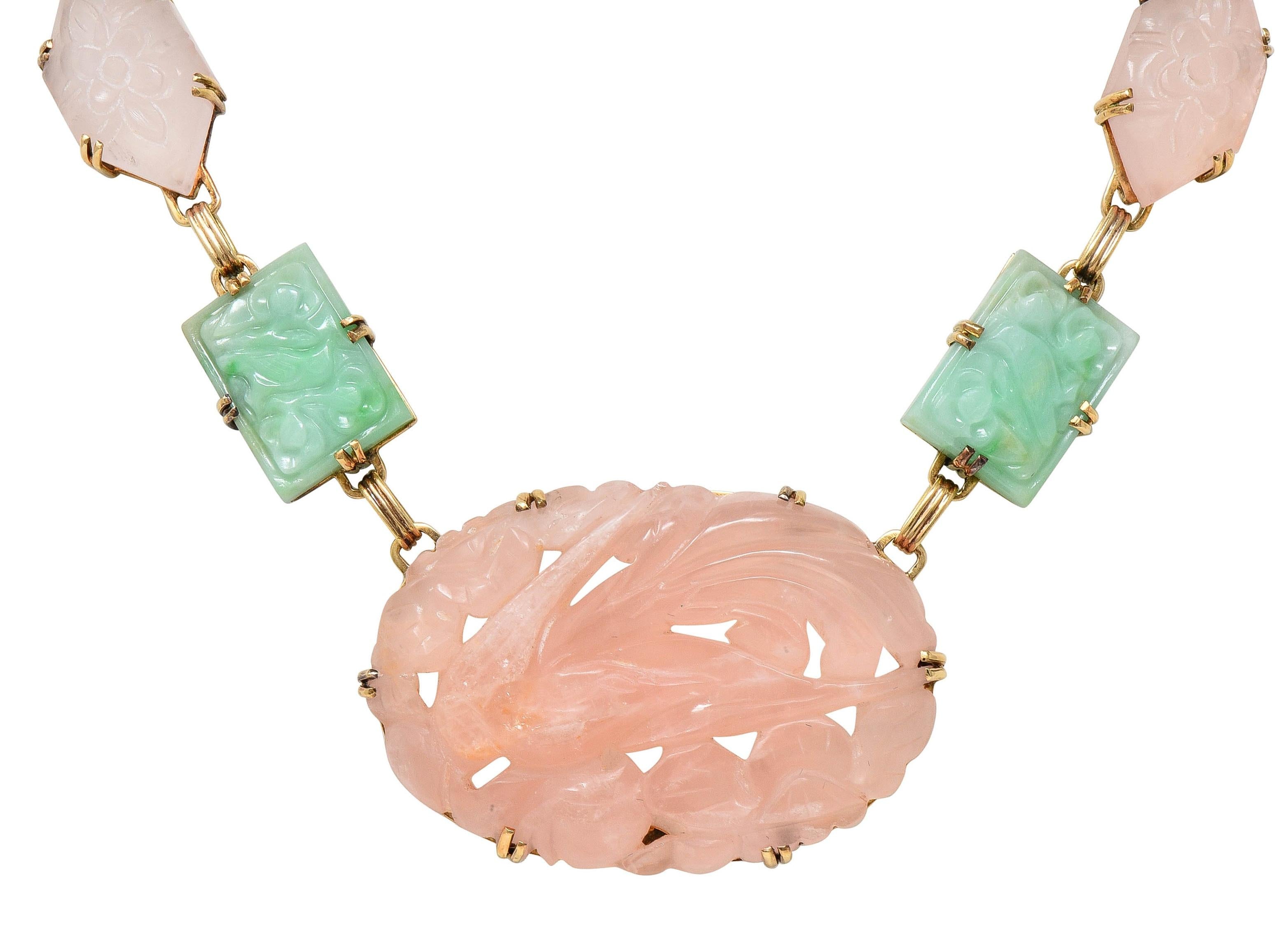 Early Art Deco Jade Rose Quartz 14 Karat Yellow Gold Antique Station Necklace