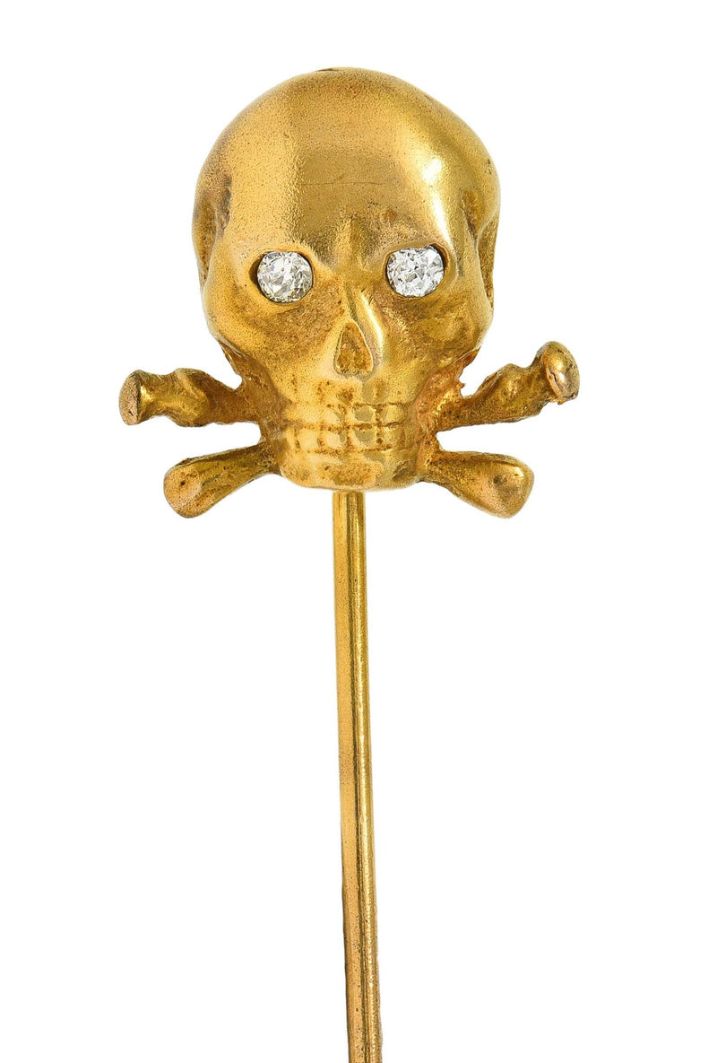 Victorian Diamond 14 Karat Yellow Gold Skull & Crossbones Antique Stickpin