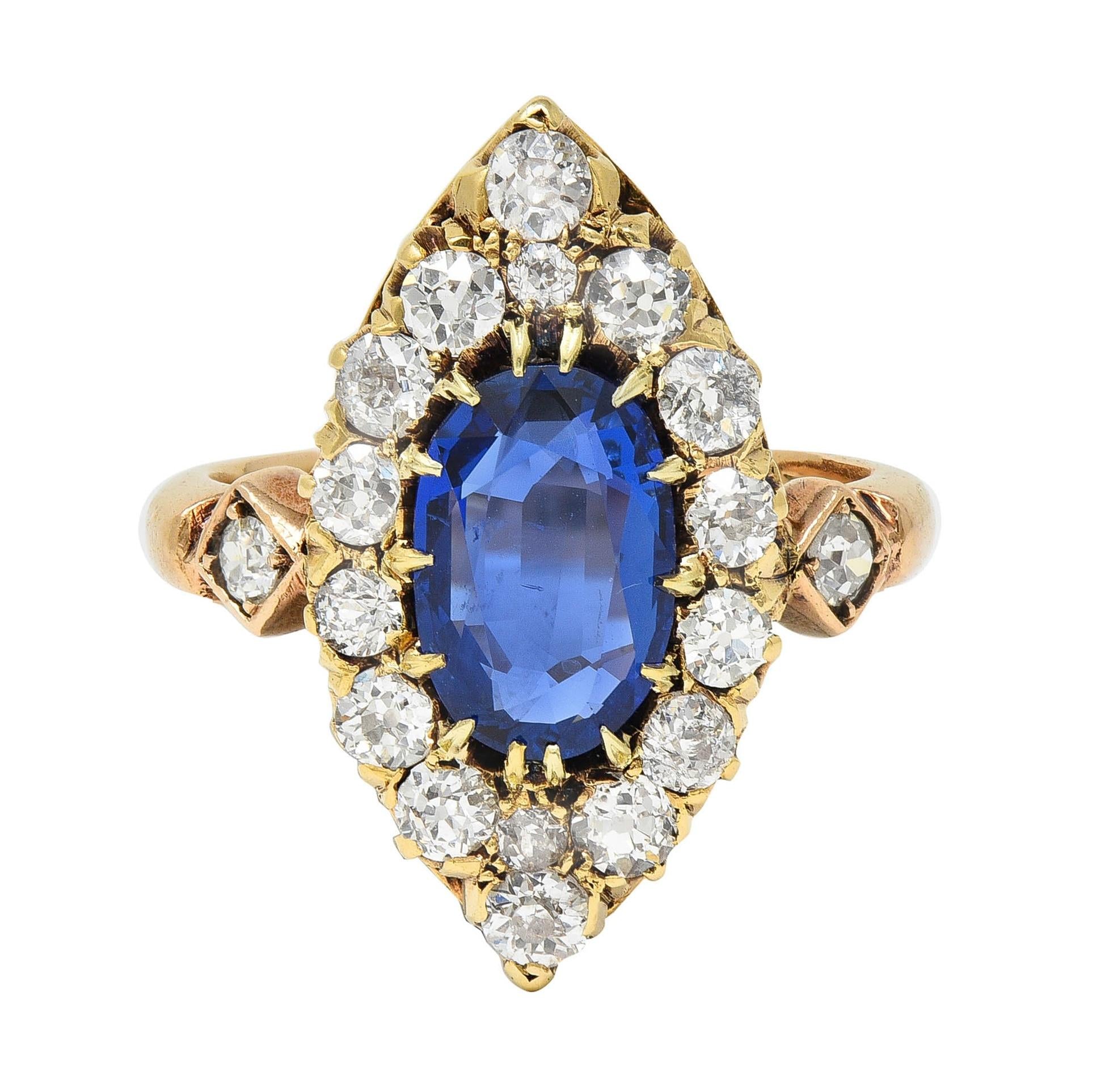 Victorian No Heat Burma Sapphire Diamond 14K Gold Antique Navette Cluster Ring